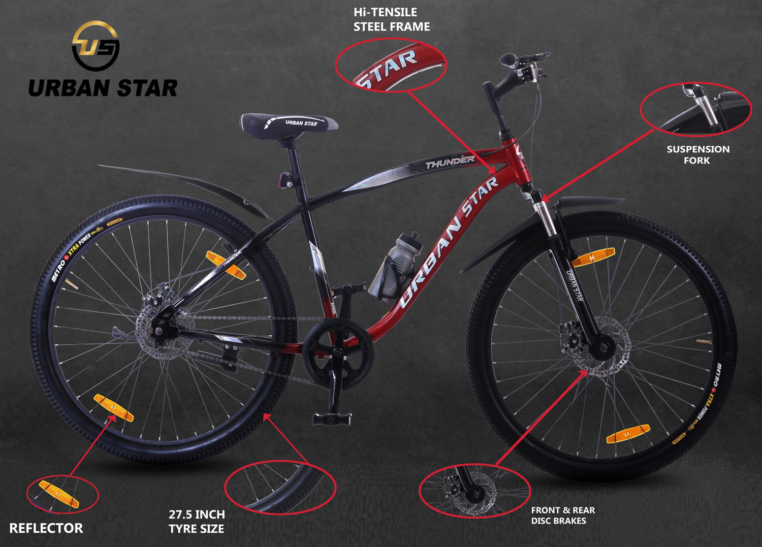 Image of Urban Star THUNDER | 27.5T | DUAL DISC | METALLIC PAINT | 80% ASSEMBLED | FOR 15+YEARS | 27.5 T (inch) Hybrid Cycle /City Bike