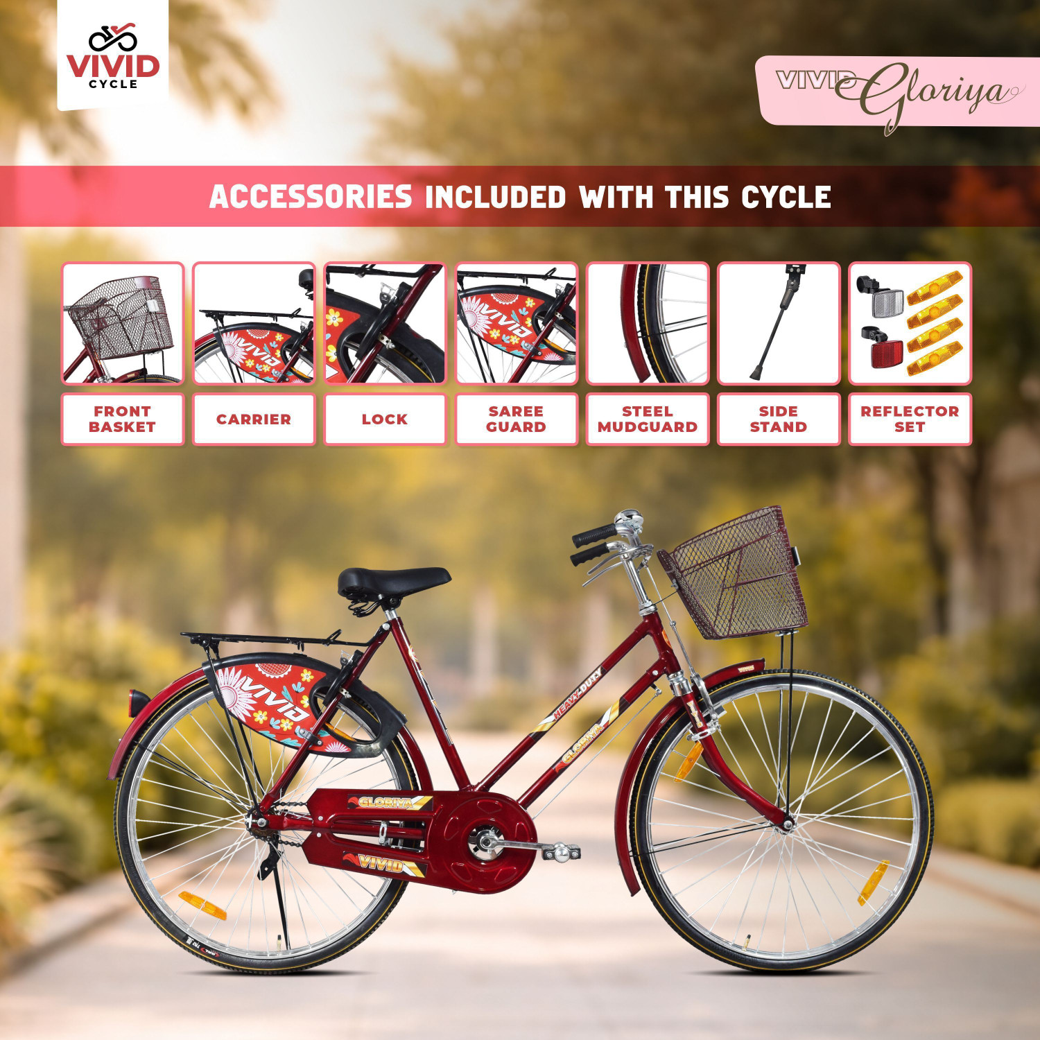 Image of VIVID Gloriya 26T Roadster Cycle,Basket, Carrier, Bell, lock and Side stand - RB Color 26 T (inch) Road Cycle