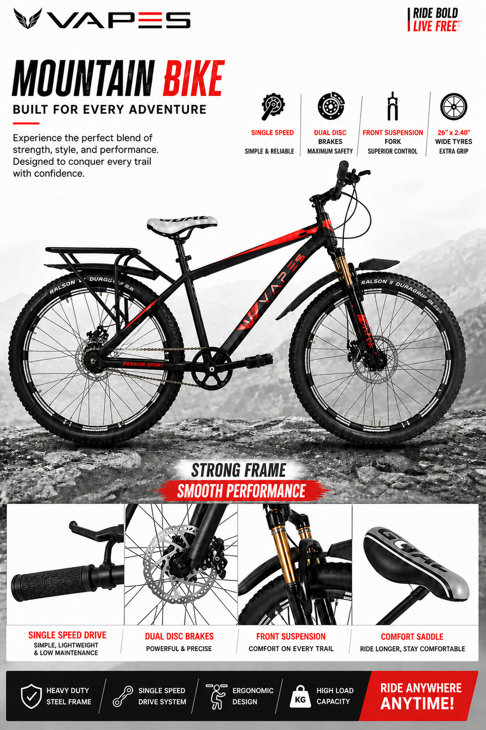 Image of GOAL IMPORTED FRAME | DUAL DISC | SINGLE SPEED | FRONT SUSPENSION | IBC| SINGLE SPEED 26 T (inch) Mountain Cycle