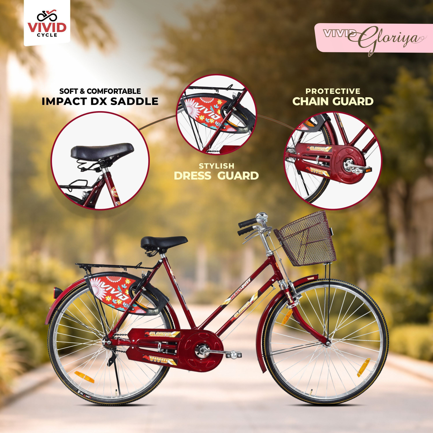 Image of VIVID Gloriya 26T Roadster Cycle,Basket, Carrier, Bell, lock and Side stand - RB Color 26 T (inch) Road Cycle