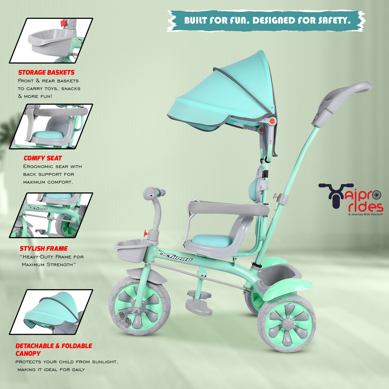 Image of Xaipro PREMIUM NEW R-1 HOOD TRICYCLE WITH BACK MUDGAURD FOR 1 TO 3 YEAR KIDS TRICYCLE 10 T (inch) Balance Bike