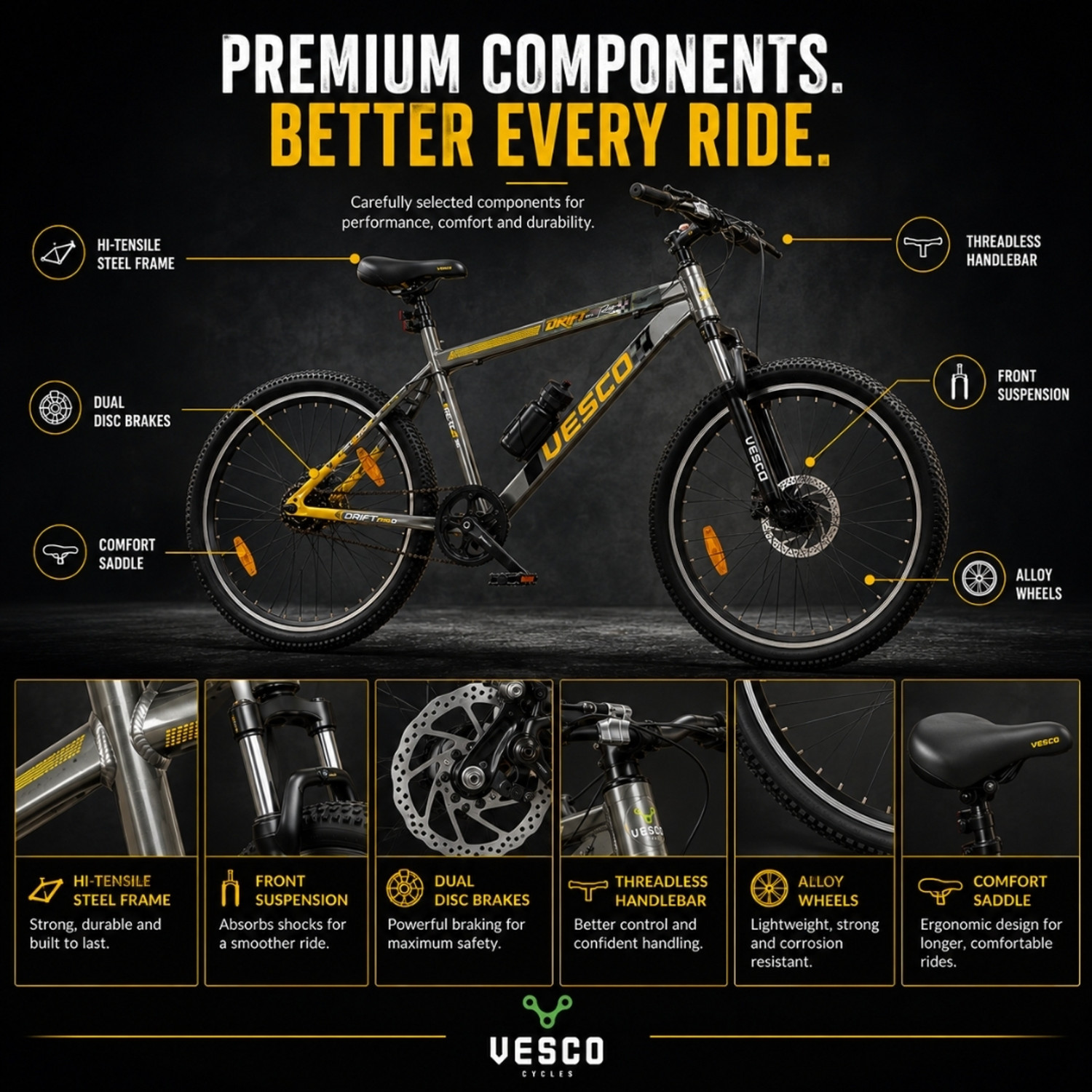 Image of VESCO DRIFT PRO 26T Cycle for Men | Suspension | Alloy Rim | Disc Brakes 26 T (inch) Mountain Cycle
