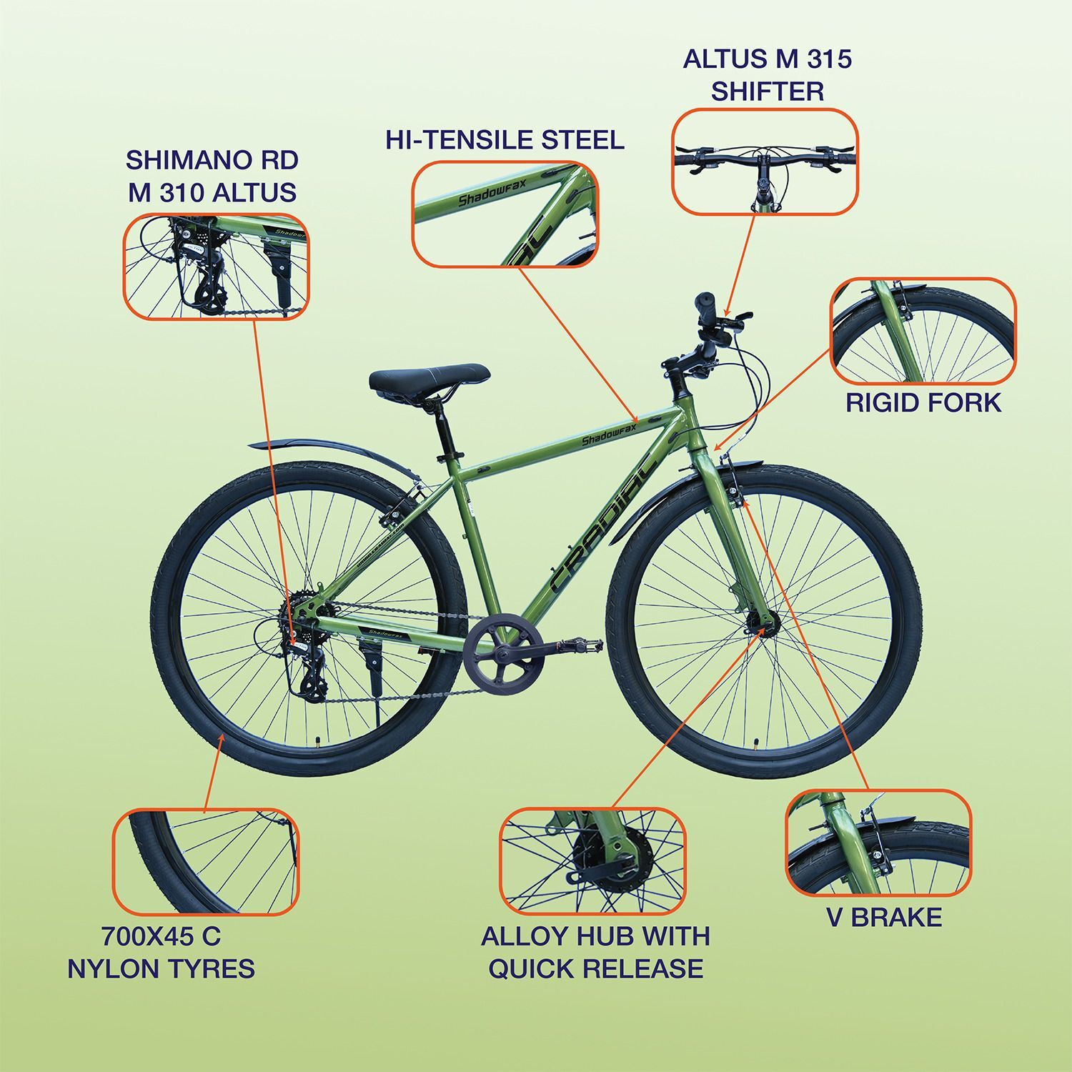Image of CRADIAC SHADOWFAX 8 SPEED CASSETTE|FRONT RIGID FORK| V BRAKE|SHIMANO GEARS 700C T (inch) Hybrid Cycle /City Bike