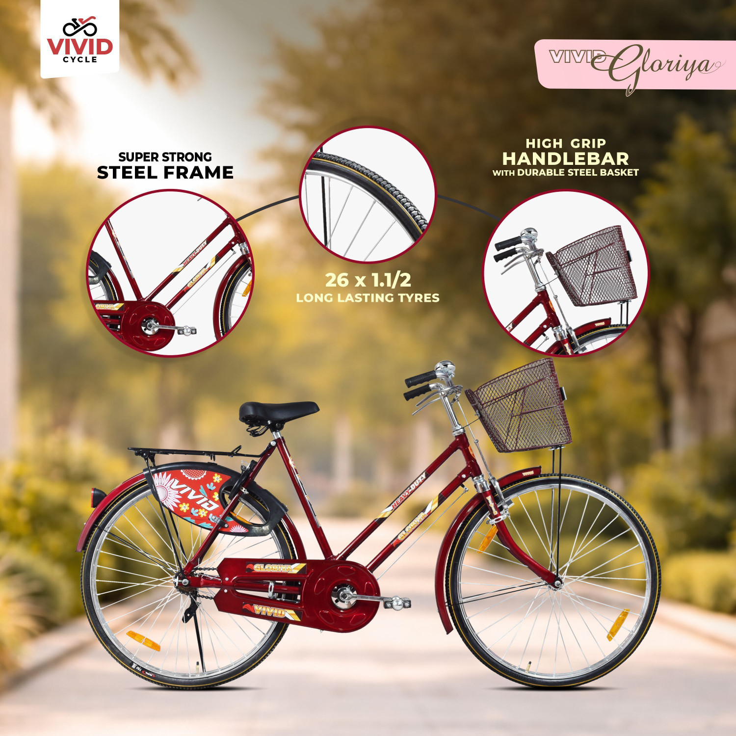 Image of VIVID Gloriya 26T Roadster Cycle,Basket, Carrier, Bell, lock and Side stand - RB Color 26 T (inch) Road Cycle