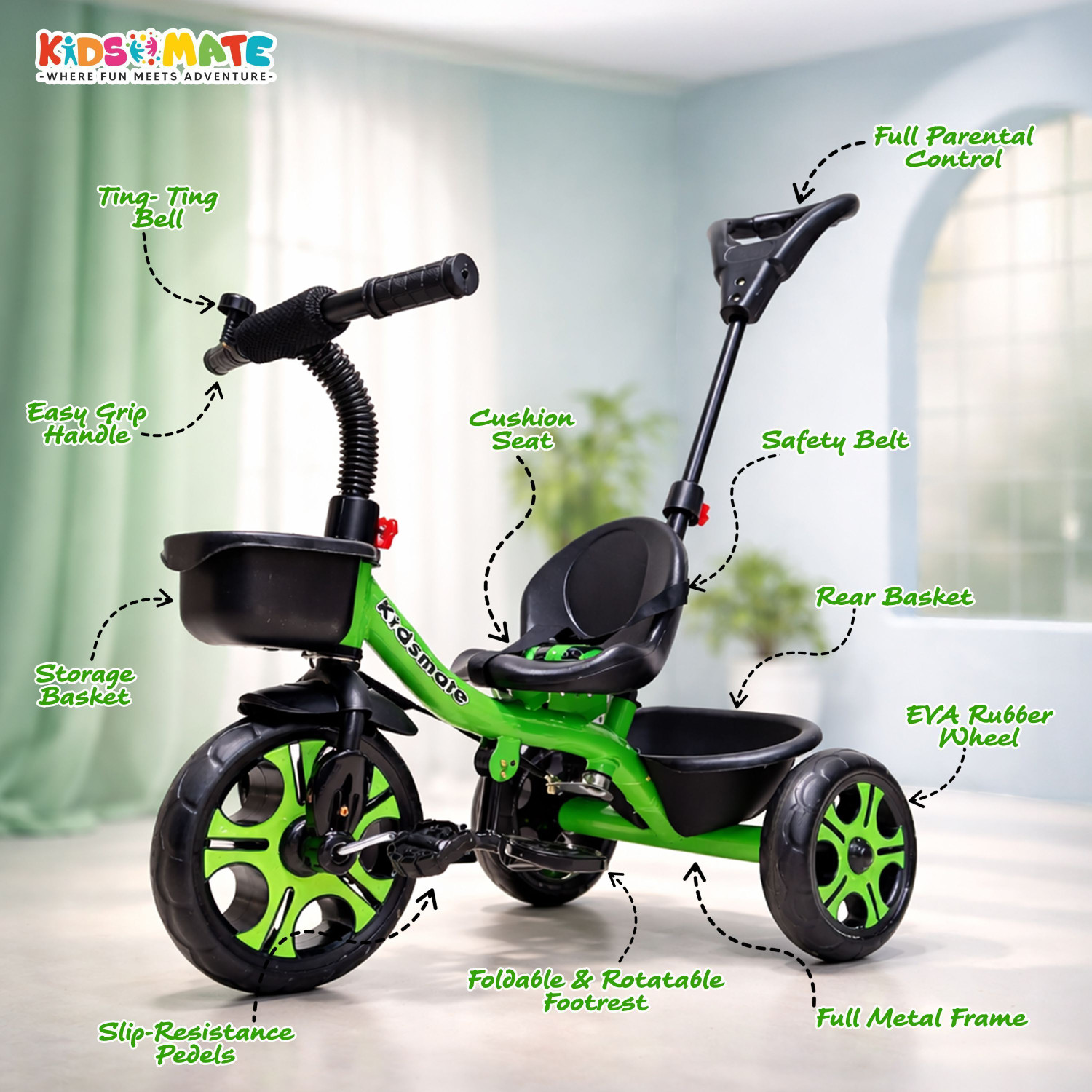 Image of Kidsmate Junior 2.0 Baby Tricycle for Kids with Parental Control Handle & Front Basket 10 T (inch) Road Cycle