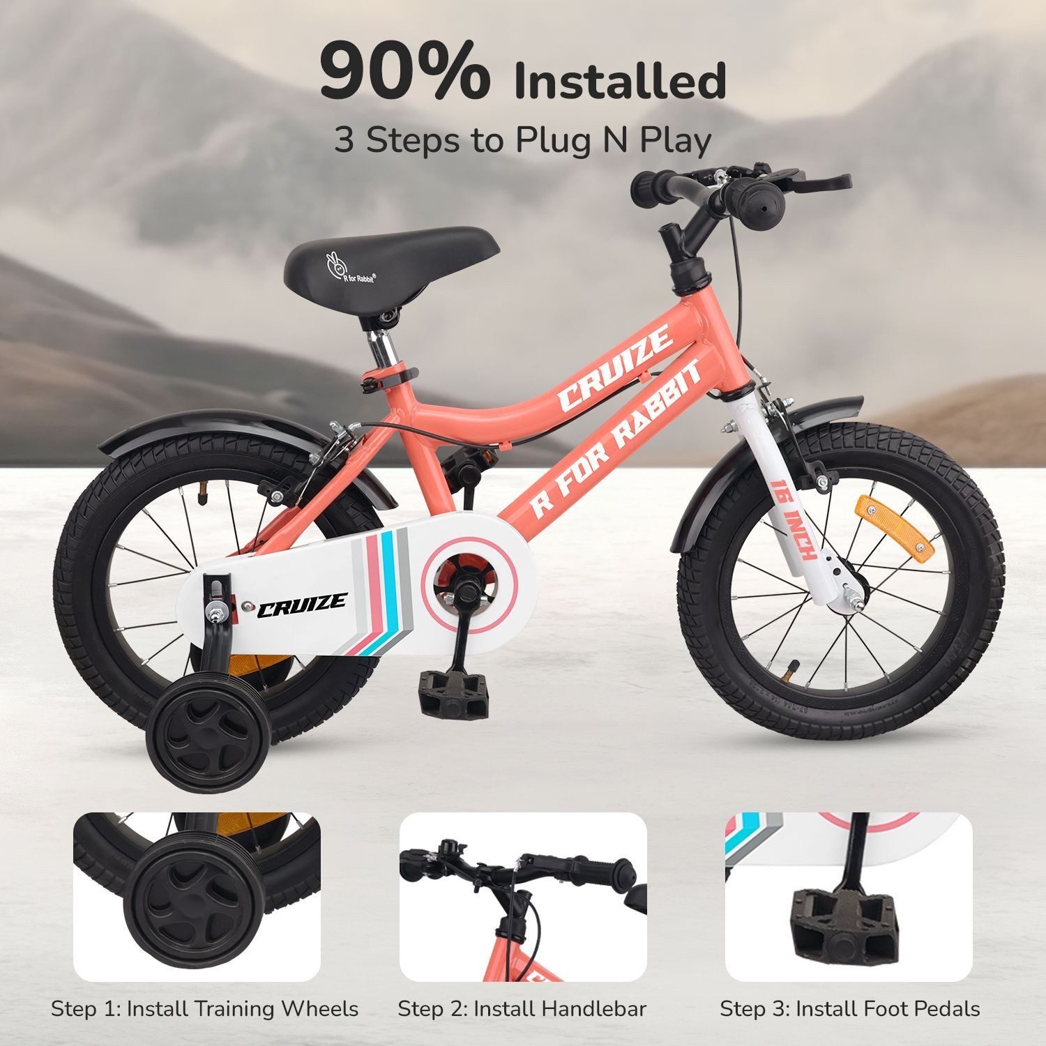 Image of R for Rabbit Cruize Bicycle for Kids 16'' Cycle for 4-7 Years, Training Wheels| 90% Assembled 16 T (inch) Road Cycle