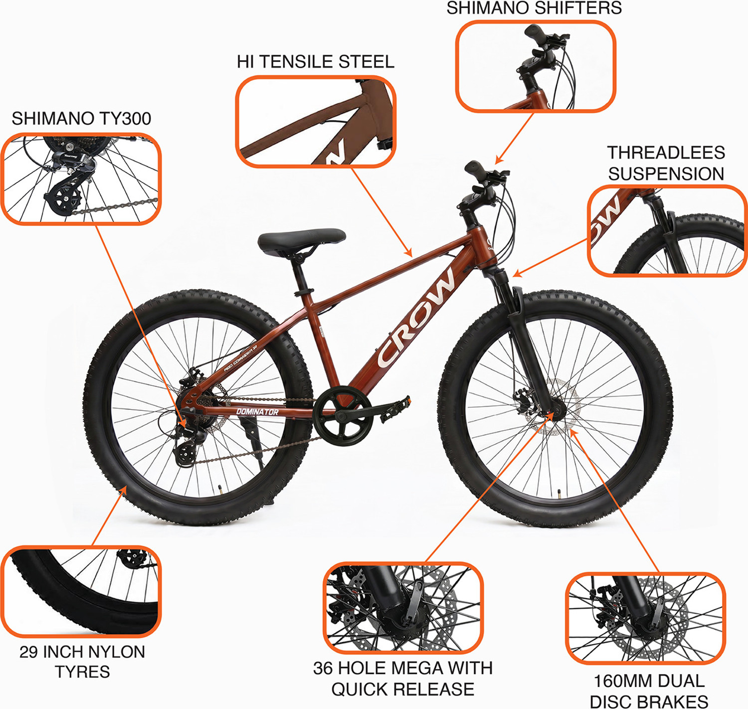Image of Crow DOMINATOR PRO 7 SPEED 29T MTB| JAK DISC BRAKE| DOWNHILL FORK|SHIMANO GEARS| 29 T (inch) Mountain Cycle