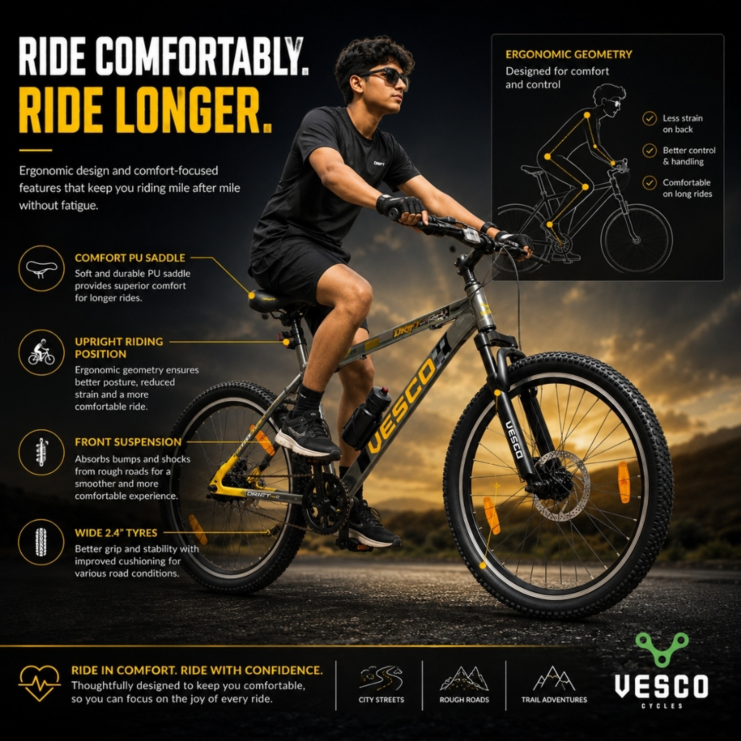 Image of VESCO DRIFT PRO 26T Cycle for Men | Suspension | Alloy Rim | Disc Brakes 26 T (inch) Mountain Cycle