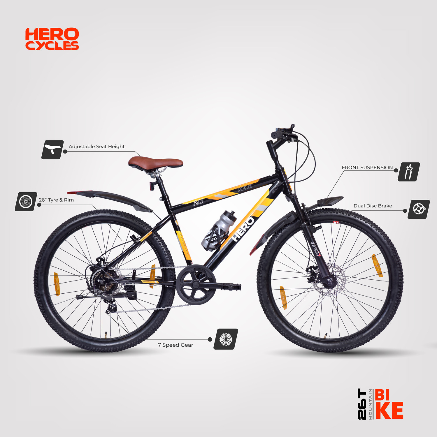 Image of HERO EC NEXT 26T SPORTS 7S FSDD BKOR SKD ALF 26 T (inch) Mountain Cycle