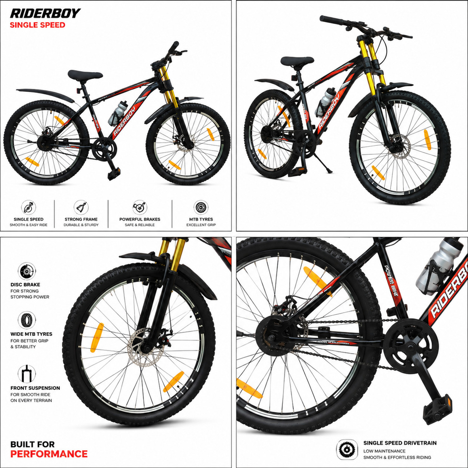 Image of RIDERBOY PREMIUM 26T CYCLE WITH DUAL CHROME SUSPENSION, DUAL DISC BRAKE,FULL ACCESSORIES 26 T (inch) Mountain Cycle (Single Speed, Black, Orange, Only Front Suspension)