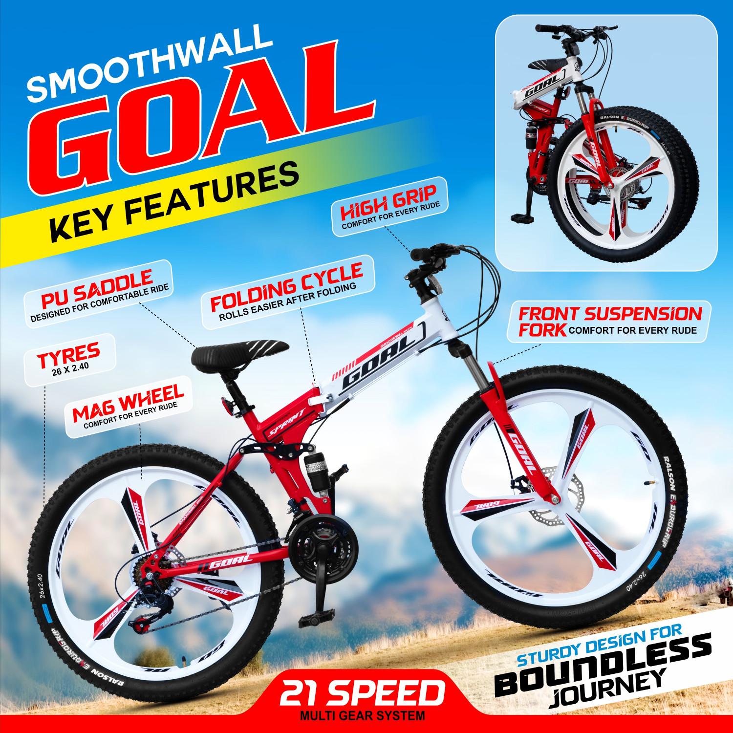 Image of GOAL MAGWHEEL|| FOLDING BIKE || BRANDED TYRE 26X 2.40 || MULTISPEED 26 T (inch) Folding Bikes /Folding Cycle