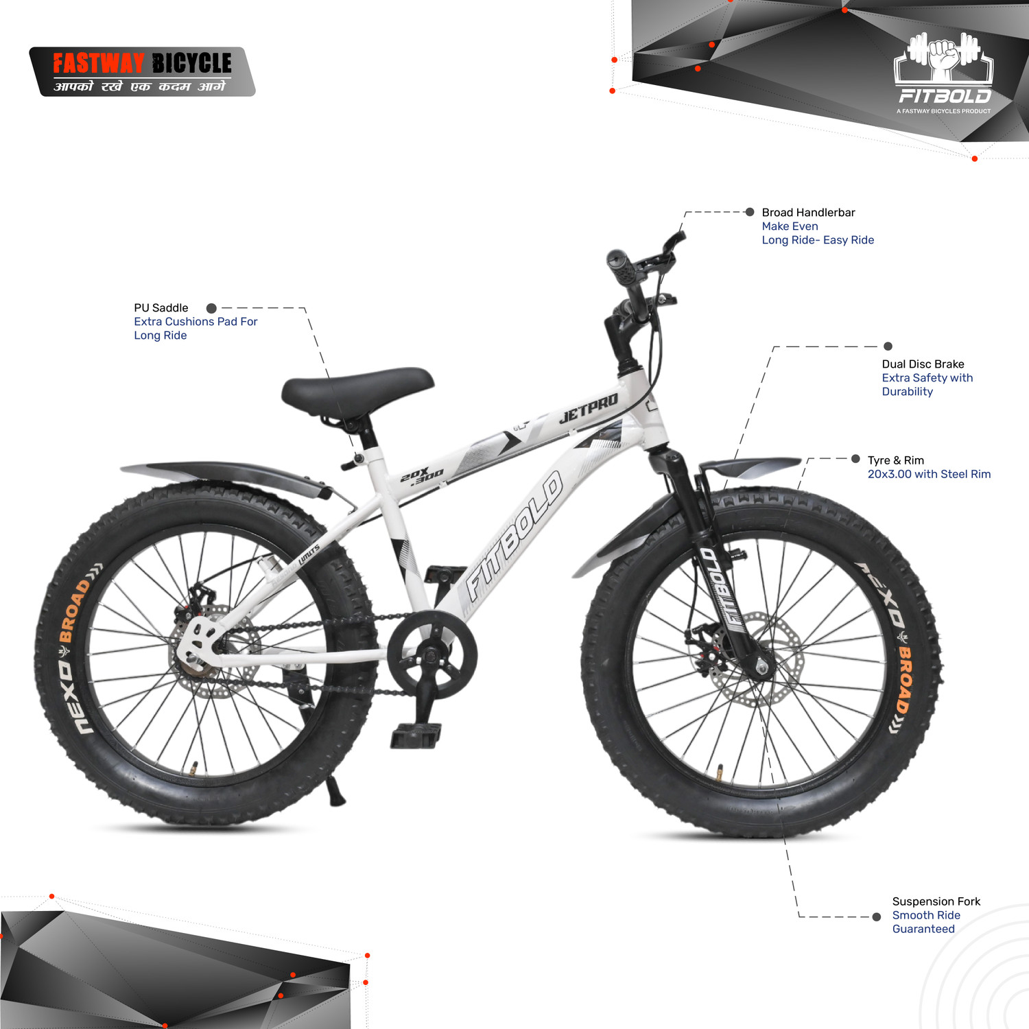 Image of FITBOLD JetPro Fat Bike| Wheel-20x300 | White | Age 5-8Years | 99%Fitted |Ready to Ride 20 T (inch) Fat Tyre Cycle