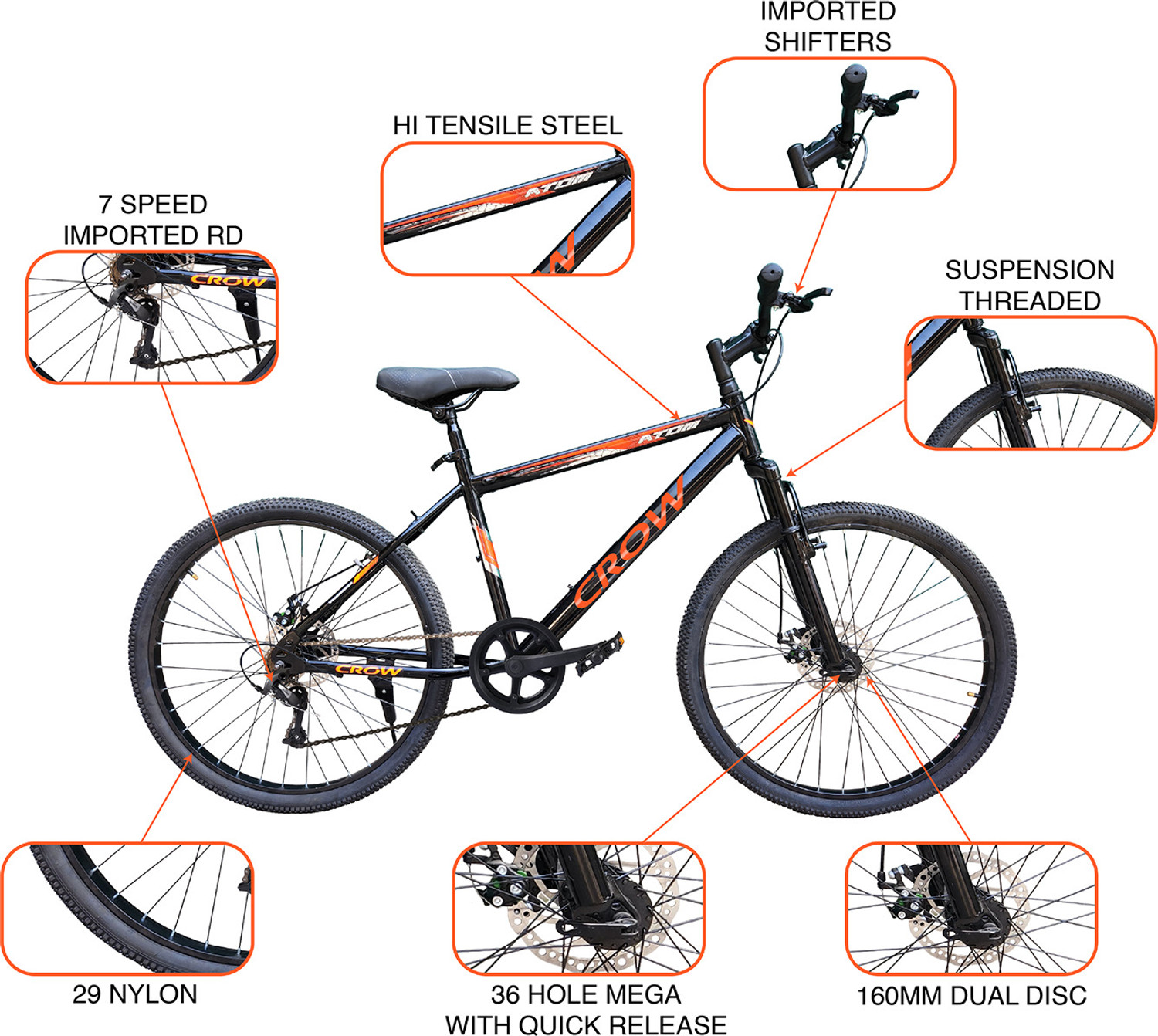 Image of Crow ATOM 7 SPEED|FRONT SUSPENSION FORK|DUAL DISC BRAKE|geared 29 T (inch) Mountain Cycle