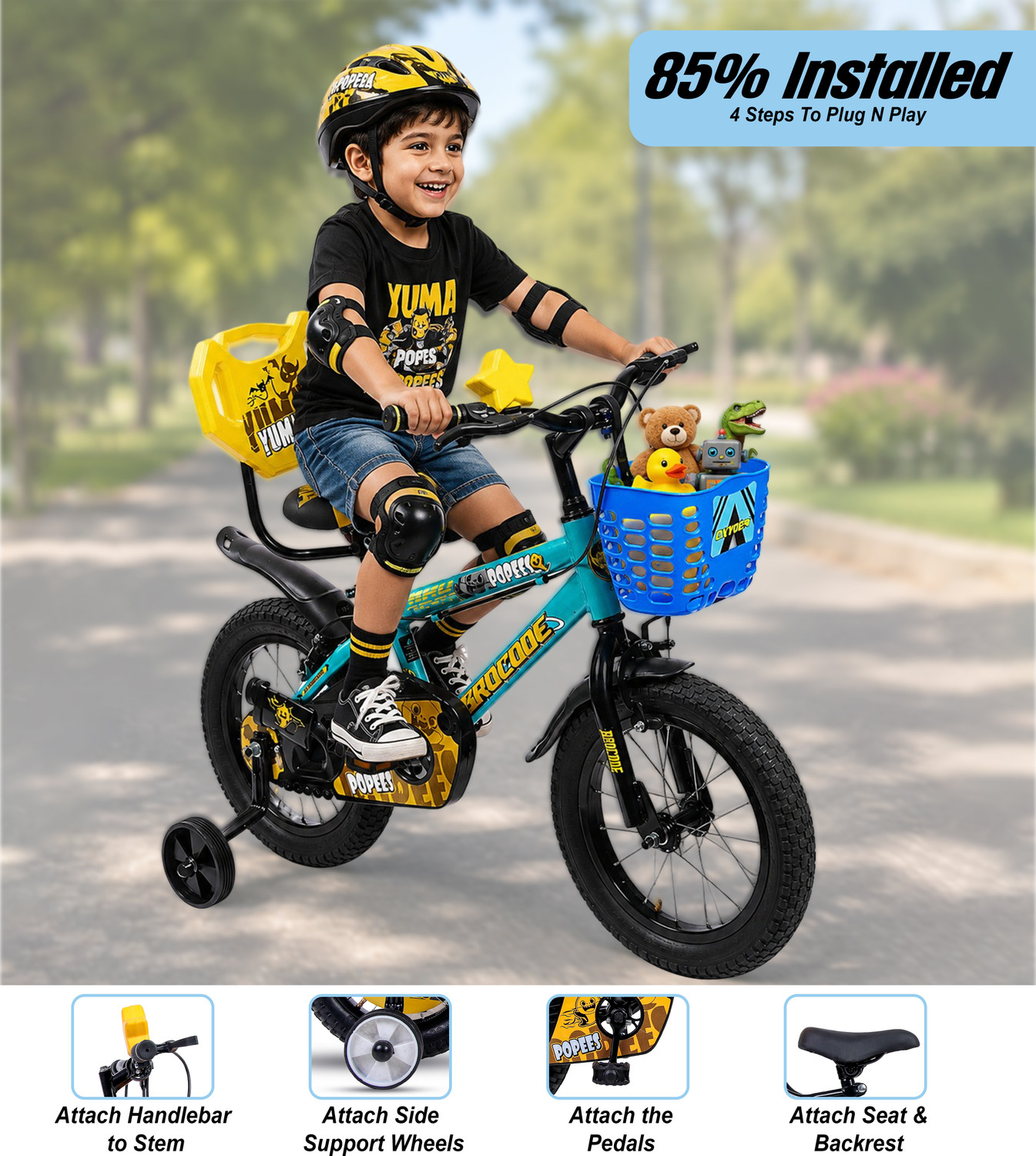 Image of Oxygen Popees 14T Bicycle for Boys & Girls with Training Wheels, Basket & Backrest 14 T (inch) BMX Cycle