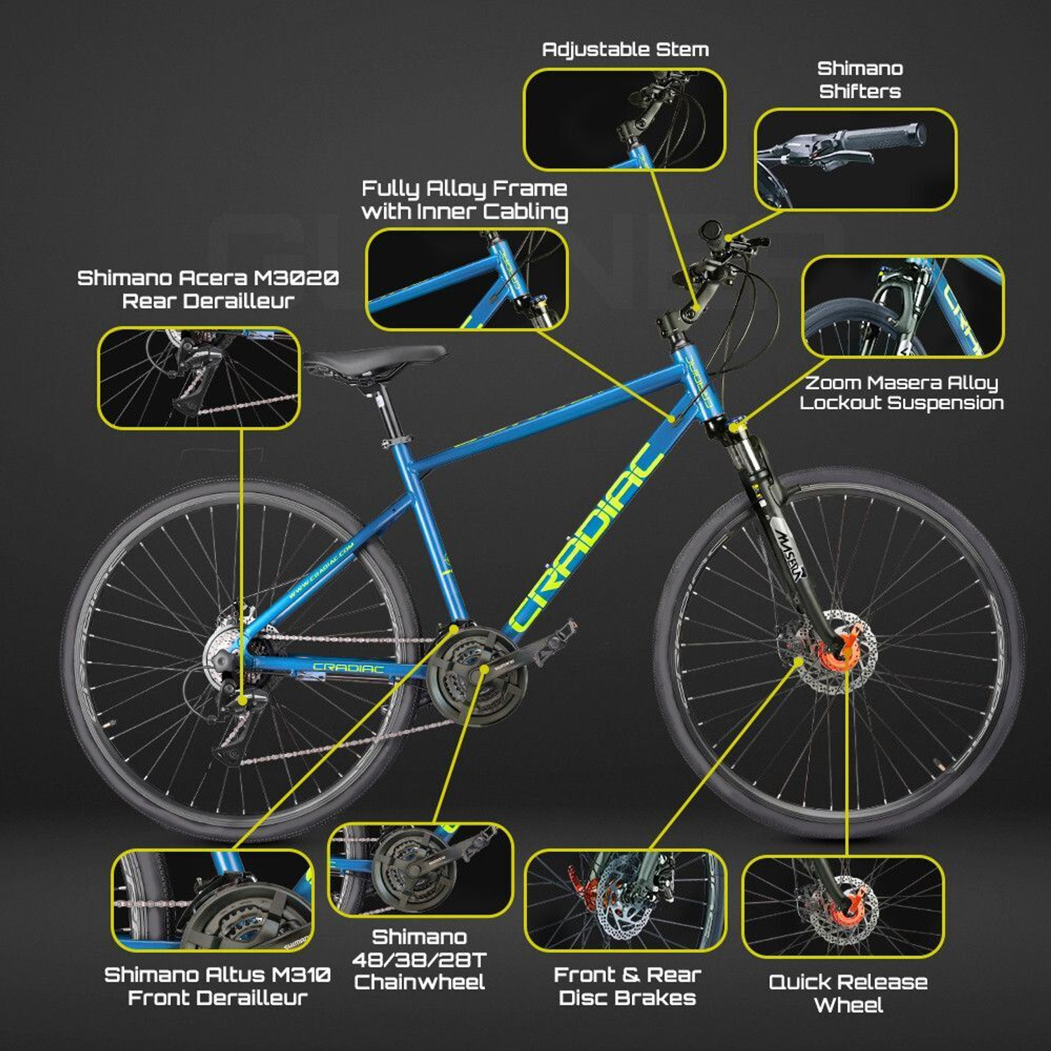 Image of CRADIAC GUNNER PRO MAX|6061 ALLOY FRAME FRAME|ZOOM LOCKOUT SUSPENSION|STEM RAISER 700C T (inch) Hybrid Cycle /City Bike