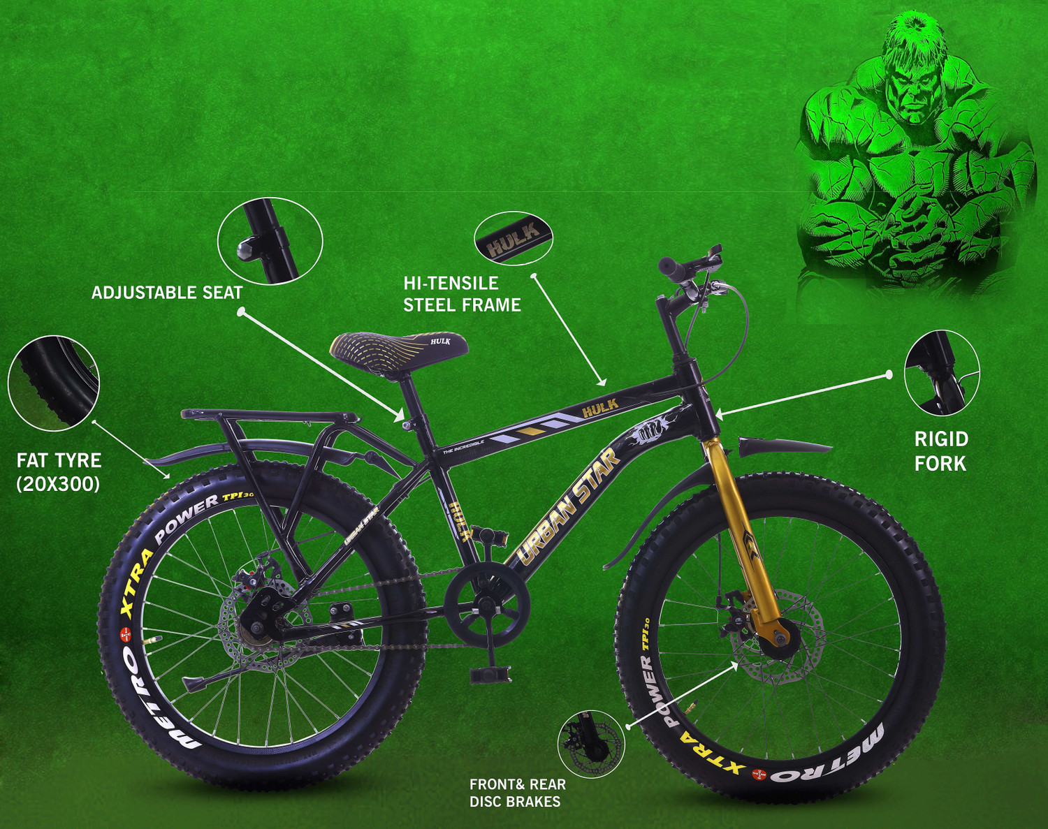 Image of Urban Star HULK | IBC | 20T BMX | IN-BUILT CARRIER | D /D | FAT TYRES | Semi Assembled | 20 T (inch) Fat Tyre Cycle