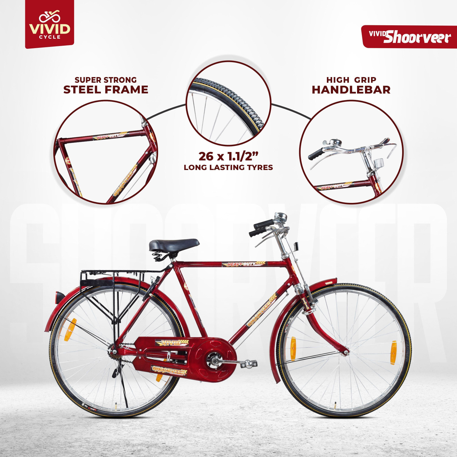 Image of VIVID Shoorveer 26T Roadster Cycle with Carrier, Bell, lock and Side stand - RB Color 26 T (inch) Road Cycle