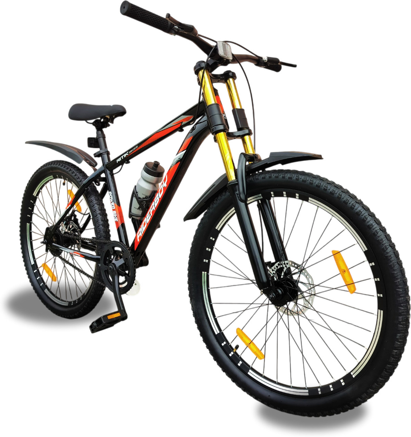 Image of RIDERBOY PREMIUM 26T CYCLE WITH DUAL CHROME SUSPENSION, DUAL DISC BRAKE,FULL ACCESSORIES 26 T (inch) Mountain Cycle (Single Speed, Black, Orange, Only Front Suspension)