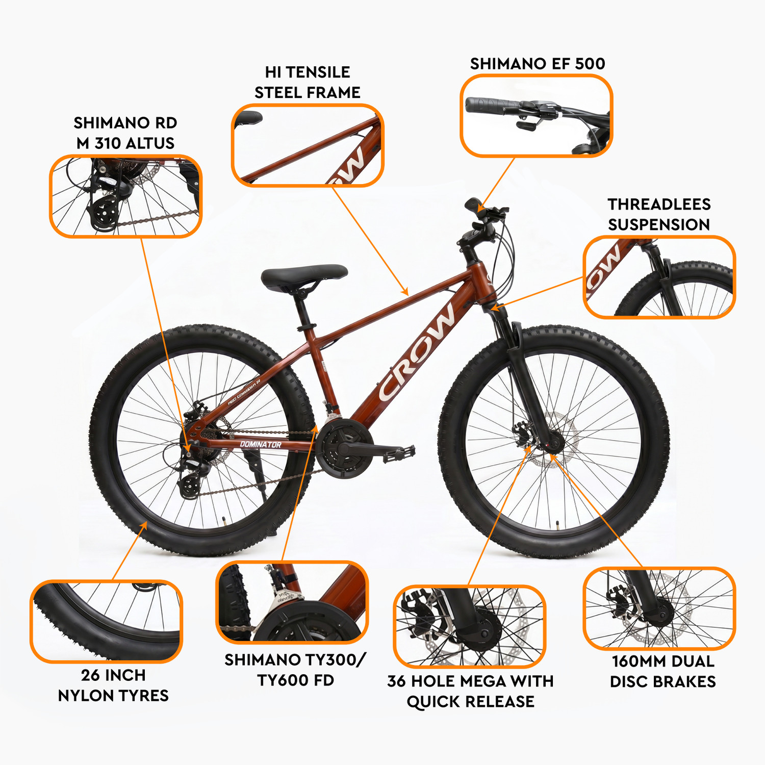 Image of Crow DOMINATOR 21 SPEED 26T MTB| DUAL DISC BRAKE| SUSPENSION FORK|SHIMANO GEARS| 26 T (inch) Mountain Cycle