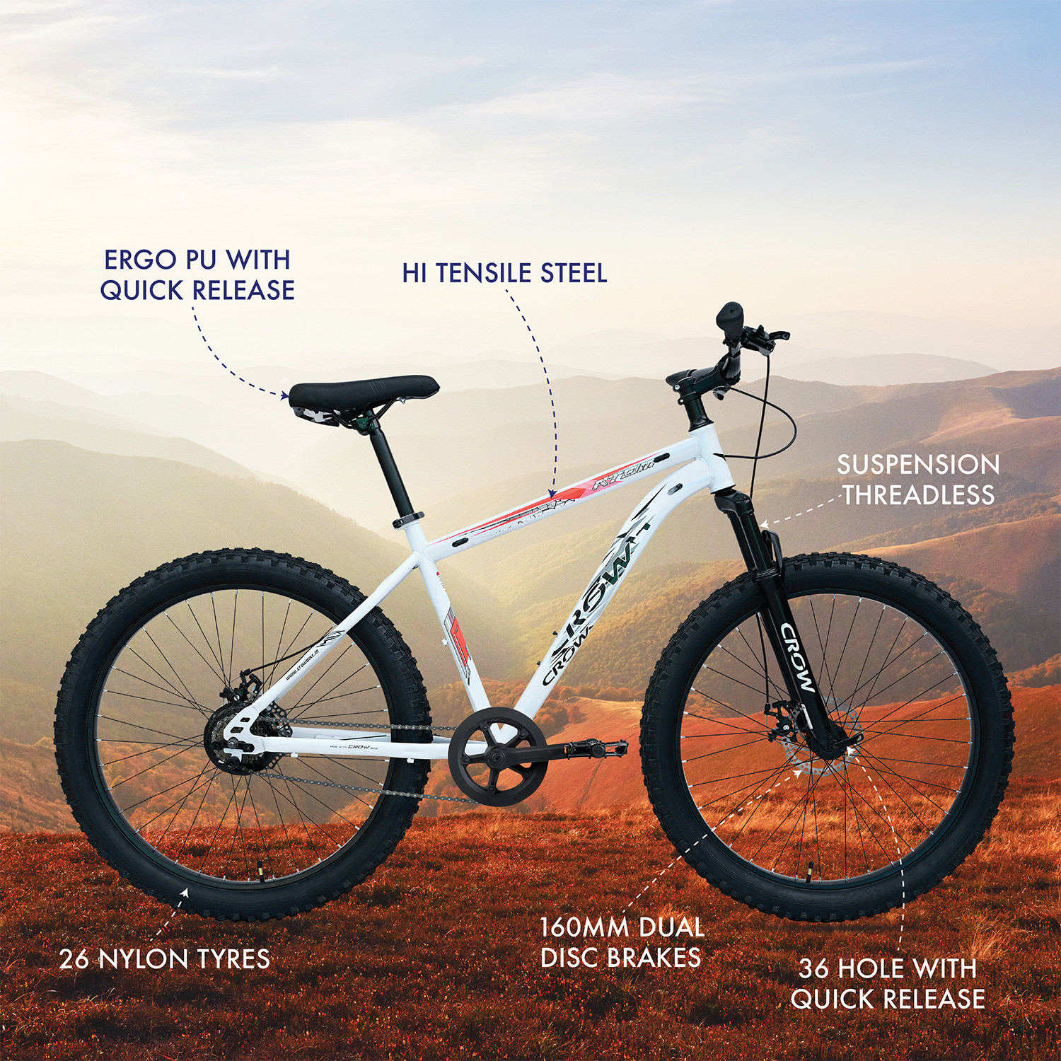 Image of Crow ATOM PRO SINGLE SPEED|SEMI FAT BIKE|FRON T SUSPENSION|DUAL DISC brake 26 T (inch) Mountain Cycle