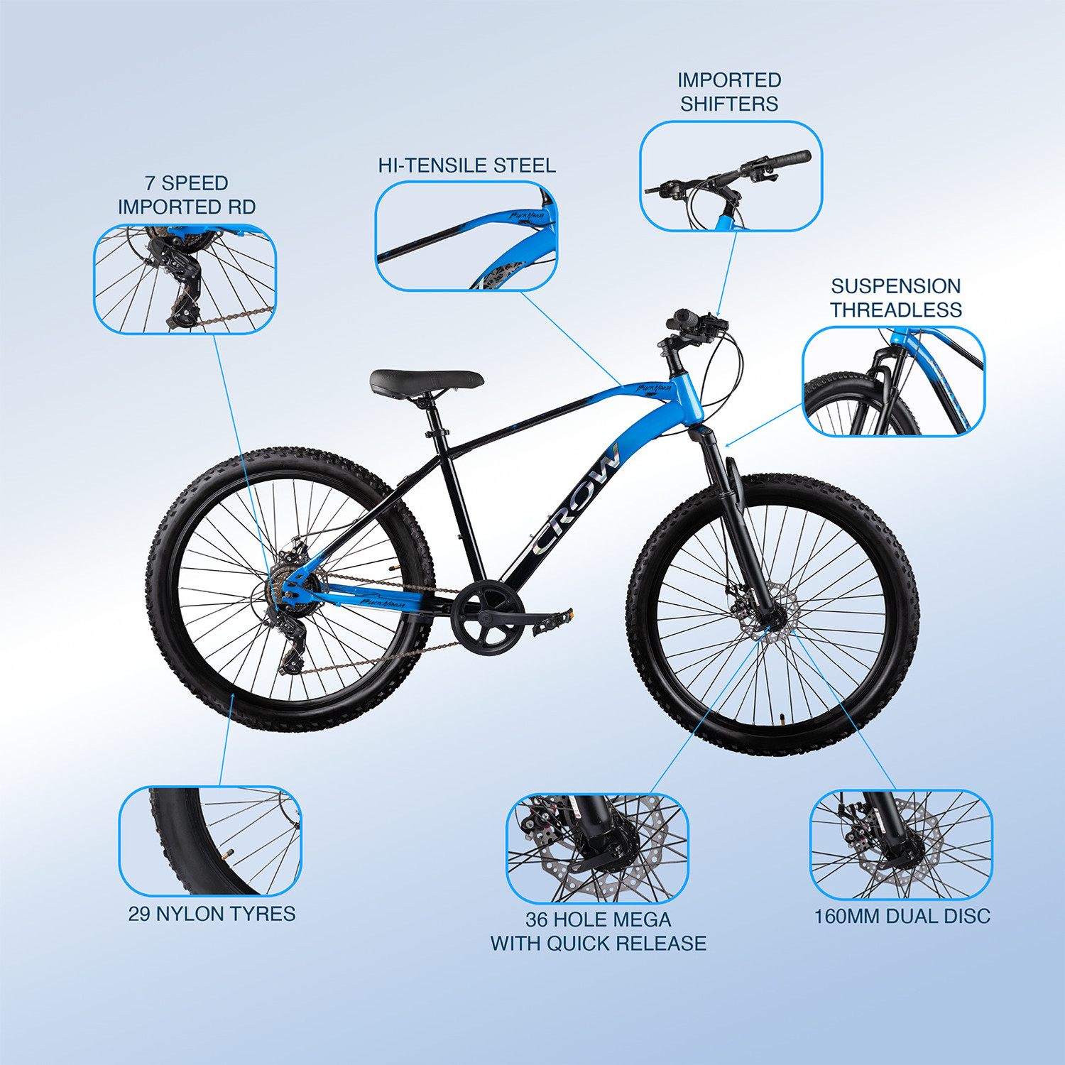 Image of Crow BLACK NINJA 7 SPEED|FRONT SUSPENSION|DUAL DISC BRAKE 29 T (inch) Mountain Cycle