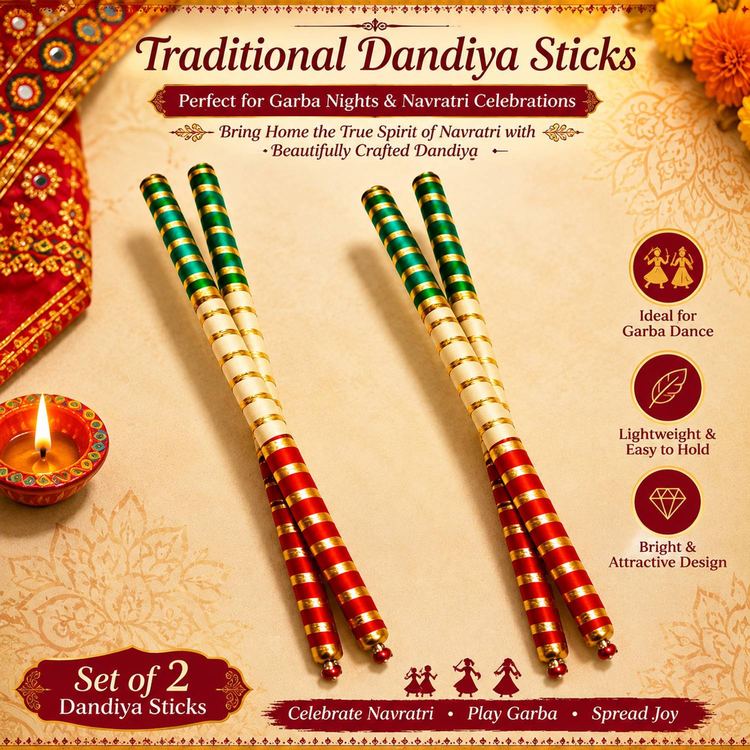 SSV ART STUDIO Tiranga Dandiya Sticks for Dance- Navratri Festval Graba Stick Dandia Sticks