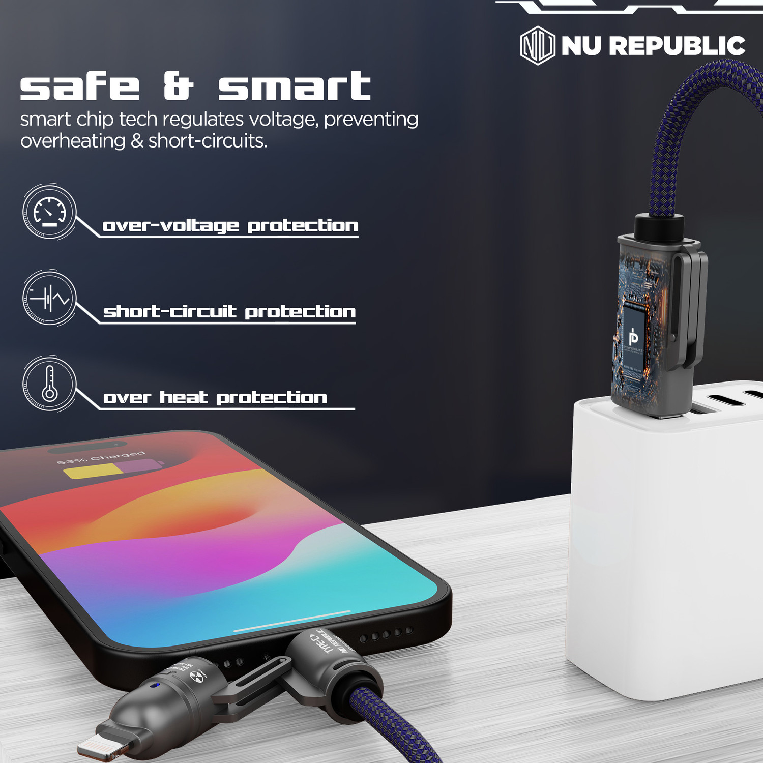 Image of Nu Republic USB Type C Cable 1 m Blaze Fusion-Q 240W 4-in-one USB-A to Type-C to Type-C + Type-L Metal Connector Fast Data Charge Premium Nylon Braided Cable