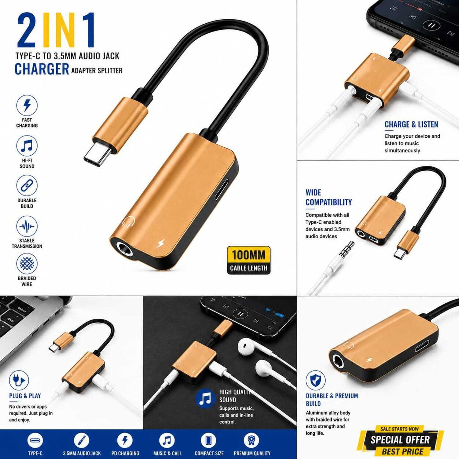 Image of Biswas Enterprises 2-in-1 Cable 0.012 m 2 in 1 audio and charging (Compatible with Smooth audio sound, Fast charging, Gold, Black, Multiple Colours, One Cable, Audio Adapter)