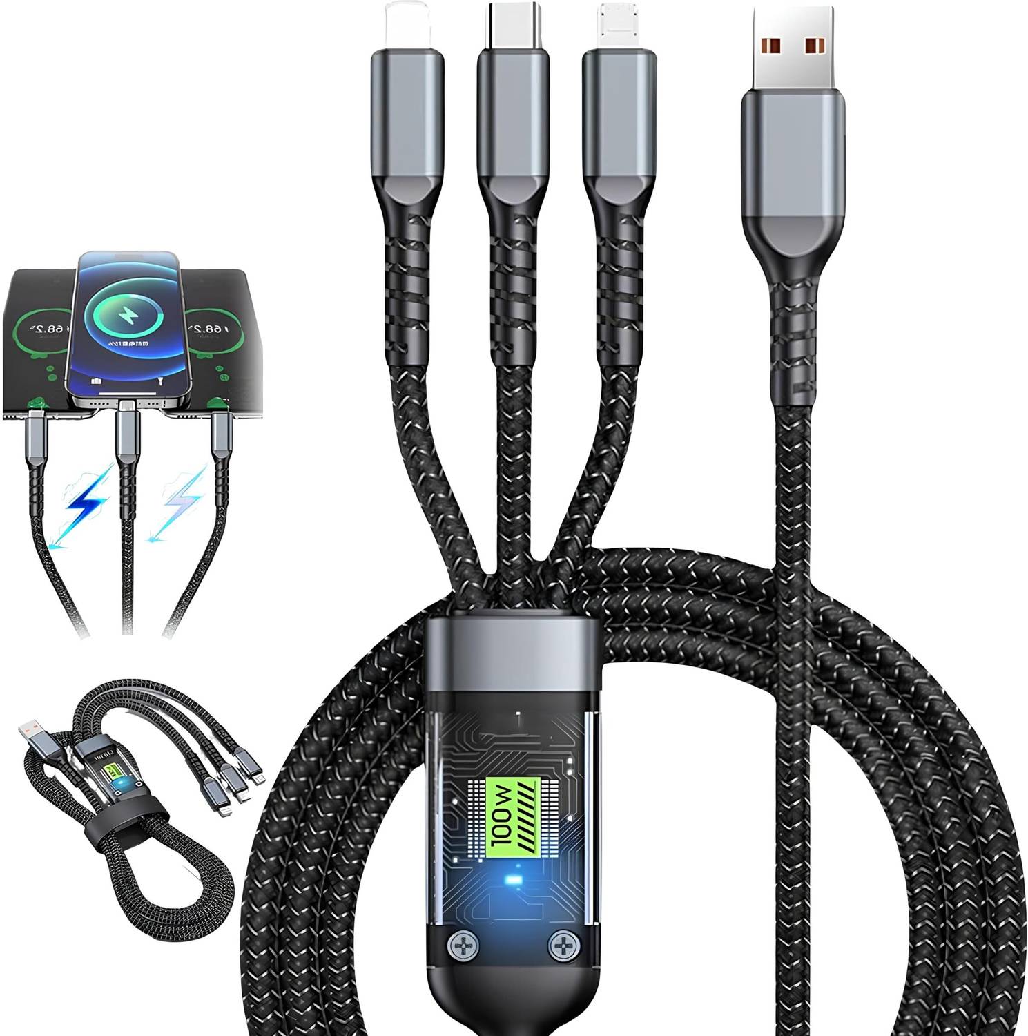 RUAAN 3-in-1 Cable 6 A 1 m Copper Braiding Multi Charging Cable 4ft, 3 in 1 Nylon Braided Fast Charging Cable for Android, iOS & Type-C Devices USB Connectors Compatible Smartphones, Tablets & More