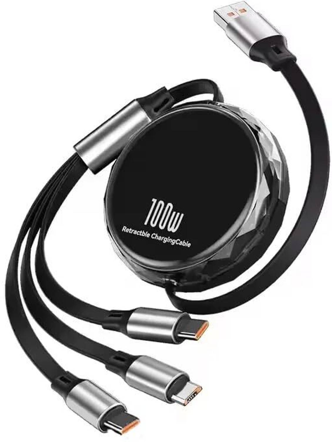 FKU 3-in-1 Cable 3 A 1.2 m 100W / 6A Speed Fast Charging Retractable USB 3.0 Cable 4 Ft / 1.2m to 3-in-1 Long Charging Cord with Type C + Micro USB + Lightning Connector
