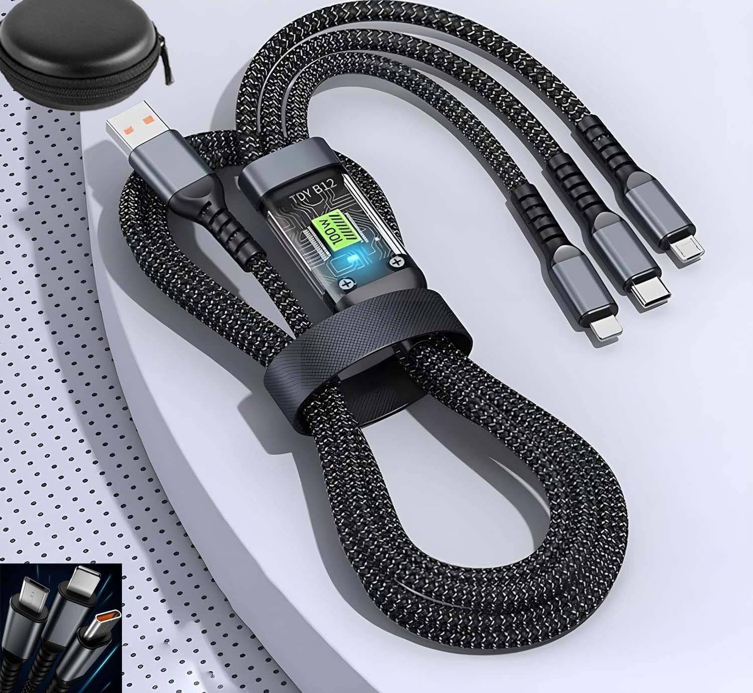 3D GOLDTM 3-in-1 Cable 1 m 100W Transparent Luminous 3in1 Multipurpose Charging Data Cable+Pouch