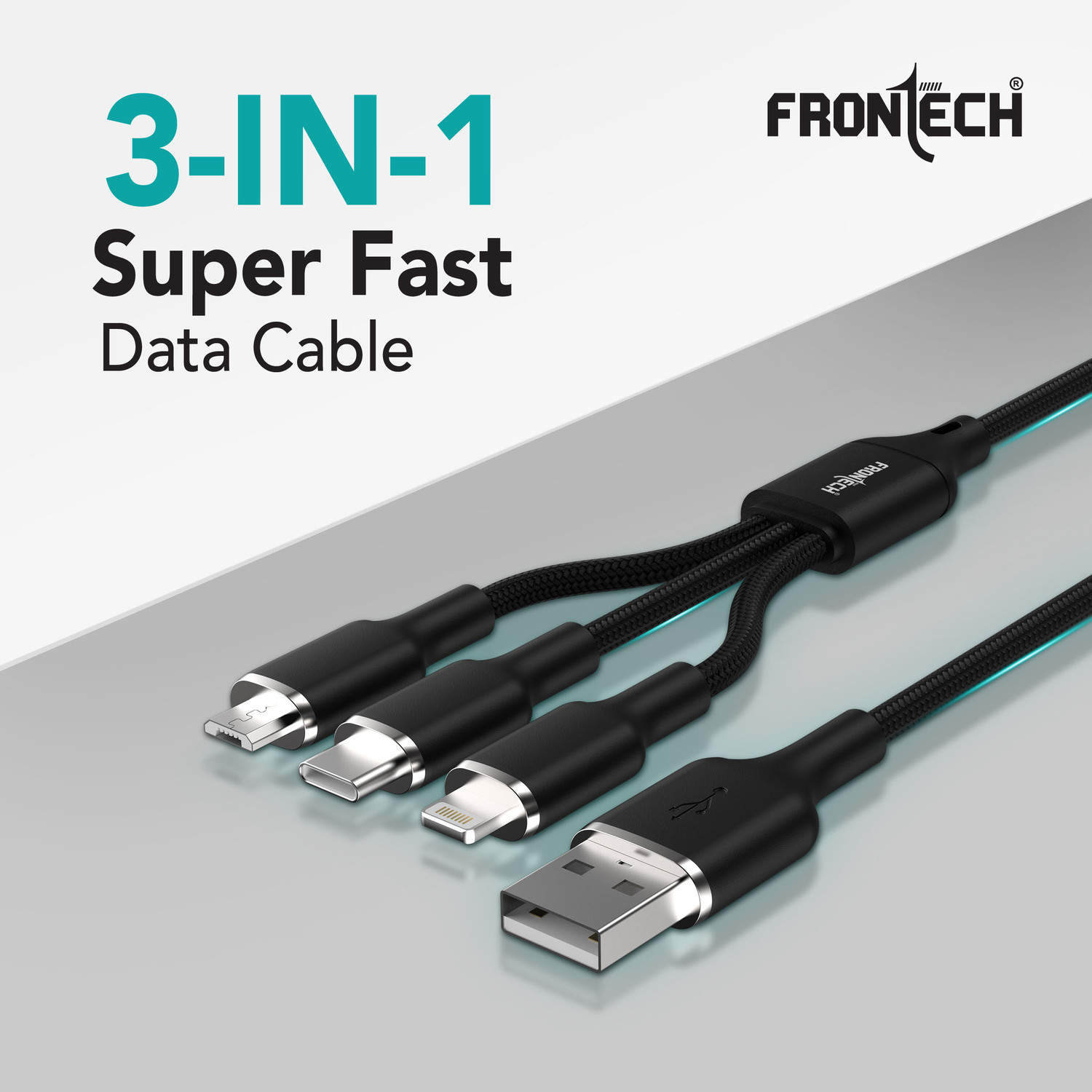 Image of Frontech 3-in-1 Cable 3 A 1.2 m - Super Fast USB Data Cable | Fast Charging & Data Transfer | Lightning + Type-C + Micro USB Port | Safe Smart Chip Protection (Compatible with Smartphones, Black, One Cable, NA)