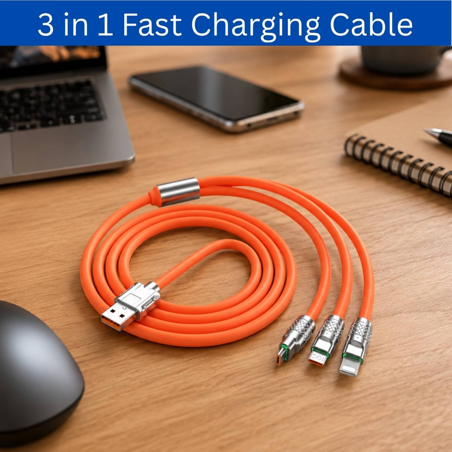 GUGGU 3-in-1 Cable 1 m 3-in-1 Fast Charging Cable USB-A to Type-C, Lightning for Mobile & TabletsBK367