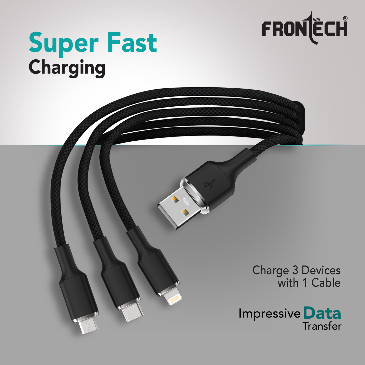 Image of Frontech 3-in-1 Cable 3 A 1.2 m - Super Fast USB Data Cable | Fast Charging & Data Transfer | Lightning + Type-C + Micro USB Port | Safe Smart Chip Protection (Compatible with Smartphones, Black, One Cable, NA)