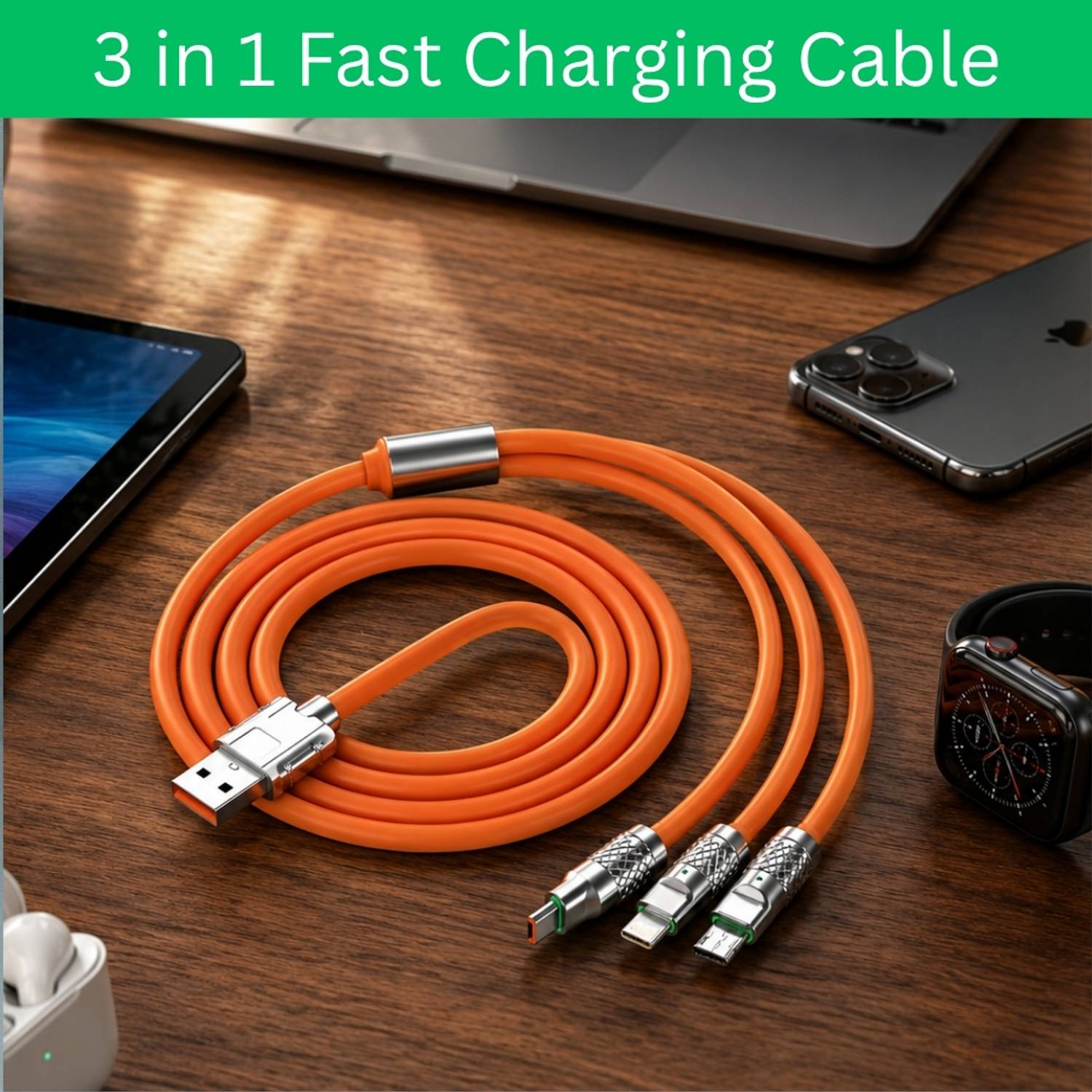 YAROH 3-in-1 Cable 1 m 3-in-1 Fast Charging Cable USB-A to Type-C, Lightning for Mobile & TabletsIK187