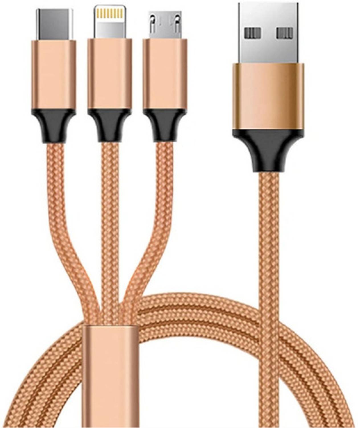 iCallMart 3-in-1 Cable 1.2 m Nylon Braided 08 USB Fast Charging Cable for Android, iOS and Type C Devices