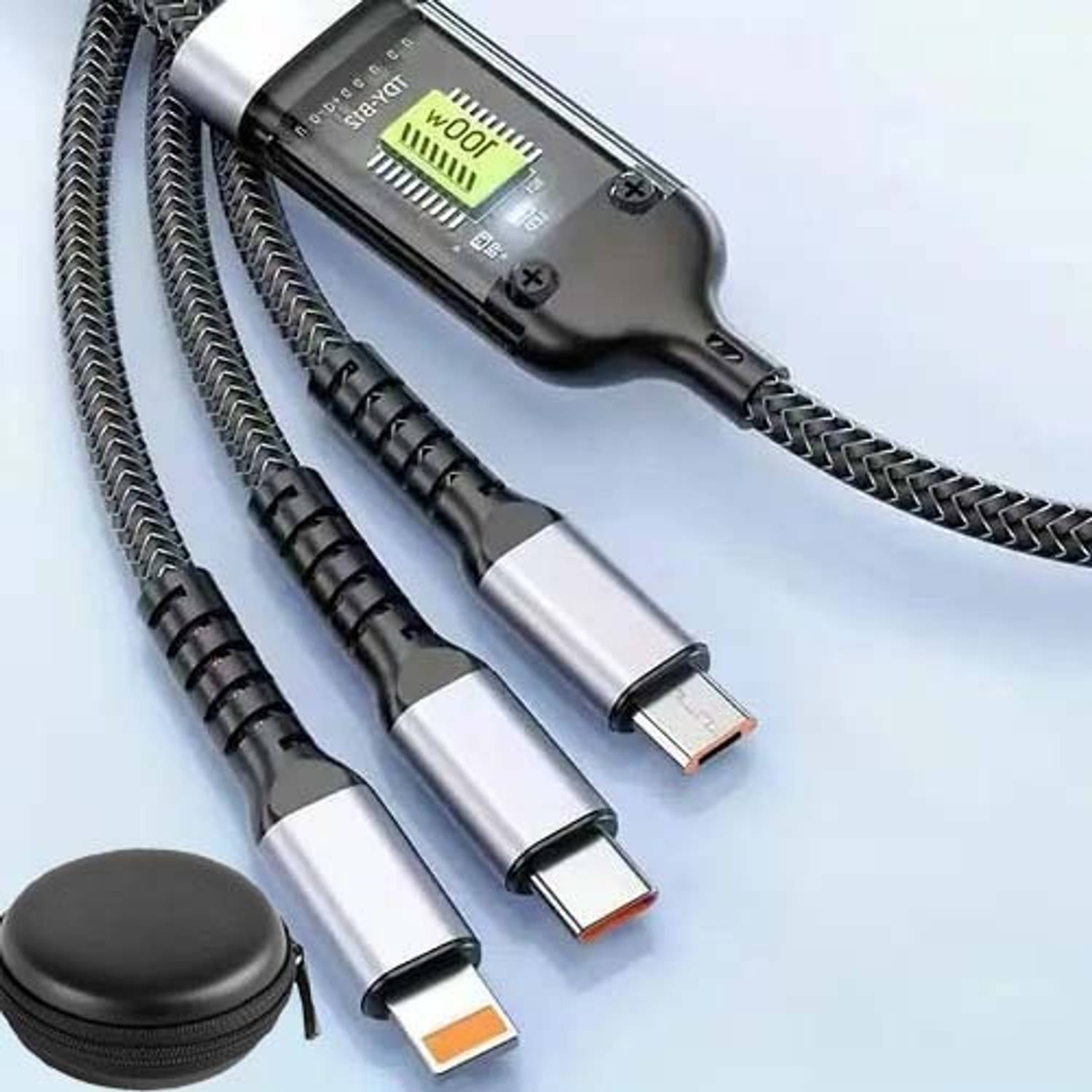 3D GOLDTM 3-in-1 Cable 1 m 3in1 Multipurpose Cord Transparent Luminous 100W Multi Charging Data Cable+Pouch