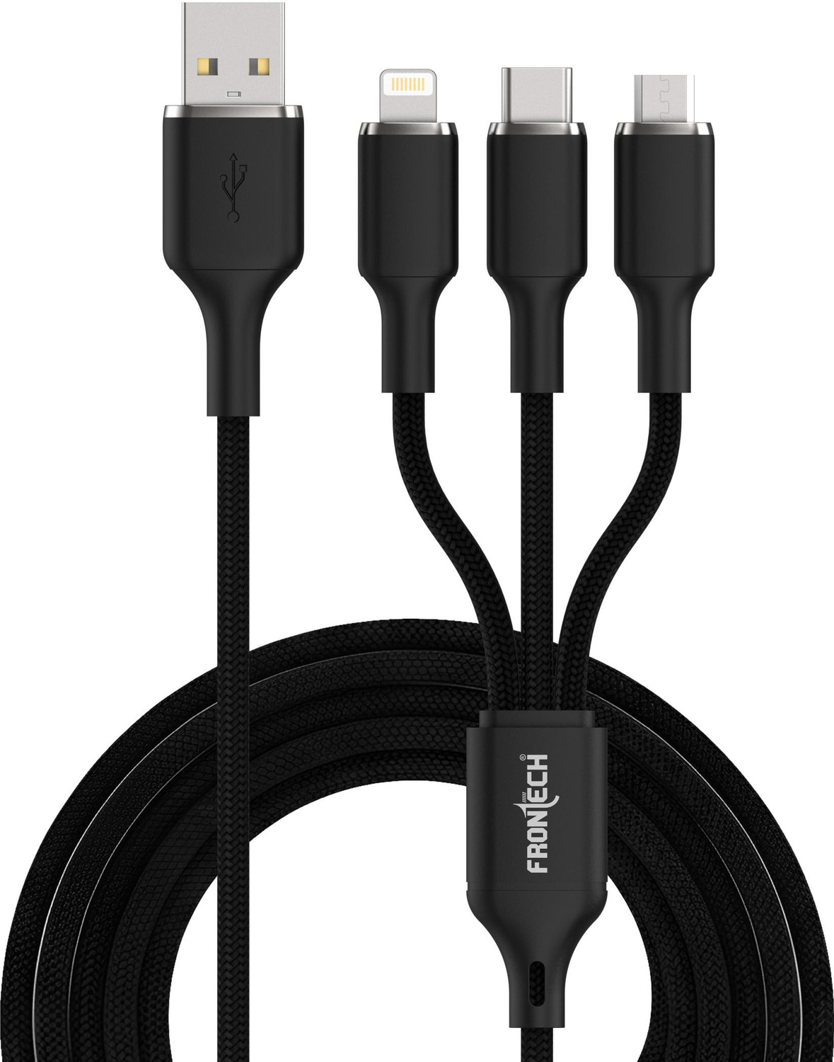 Image of Frontech 3-in-1 Cable 3 A 1.2 m - Super Fast USB Data Cable | Fast Charging & Data Transfer | Lightning + Type-C + Micro USB Port | Safe Smart Chip Protection (Compatible with Smartphones, Black, One Cable, NA)