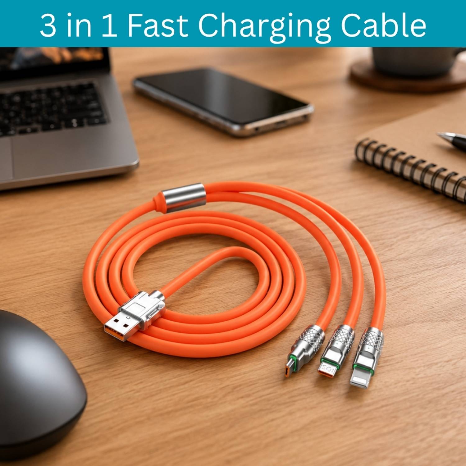 GUGGU 3-in-1 Cable 1 m 3-in-1 Fast Charging Cable USB-A to Type-C, Lightning for Mobile & TabletsBL10