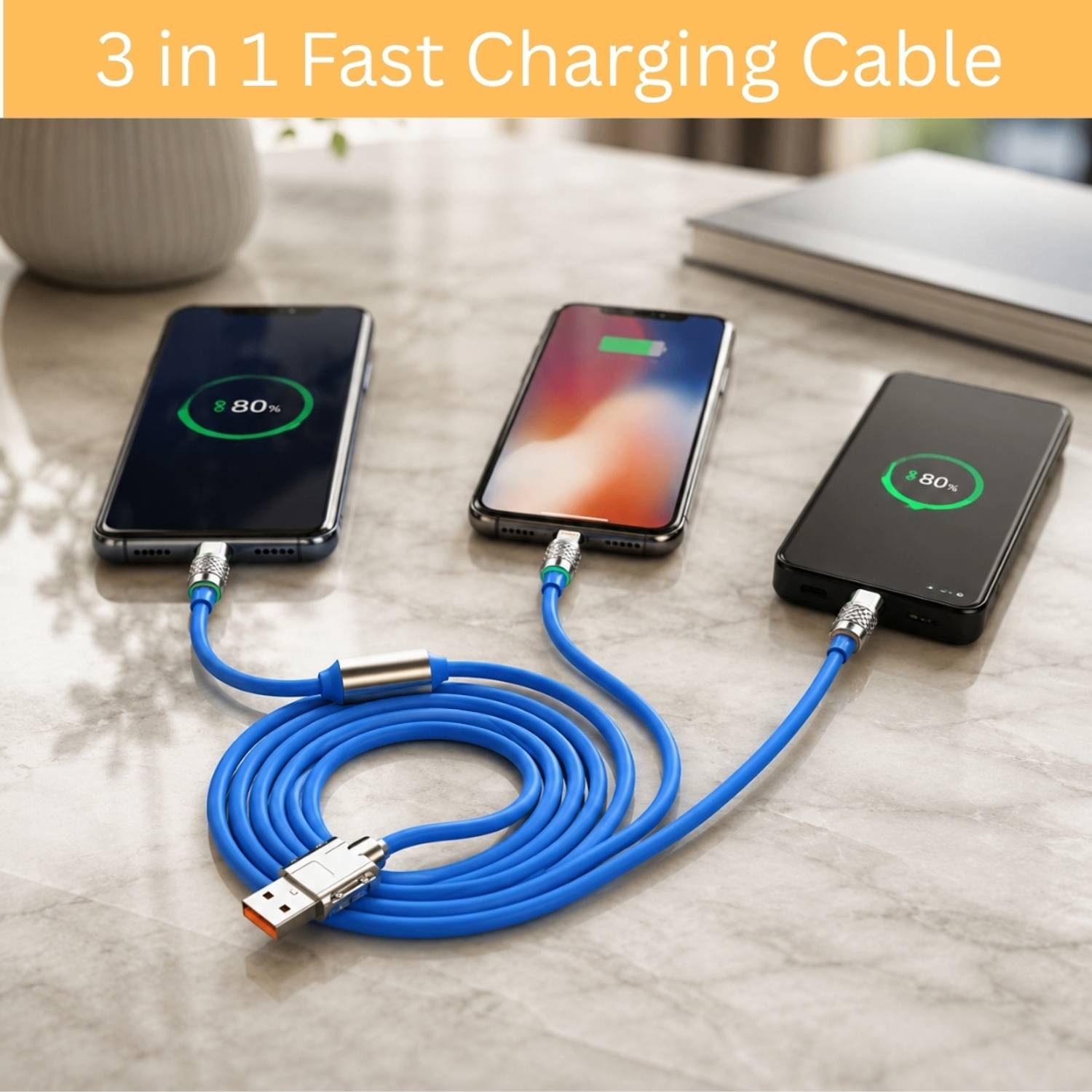 YAROH 3-in-1 Cable 1 m 3-in-1 Fast Charging Cable USB-A to Type-C, Lightning for Mobile & TabletsPK373