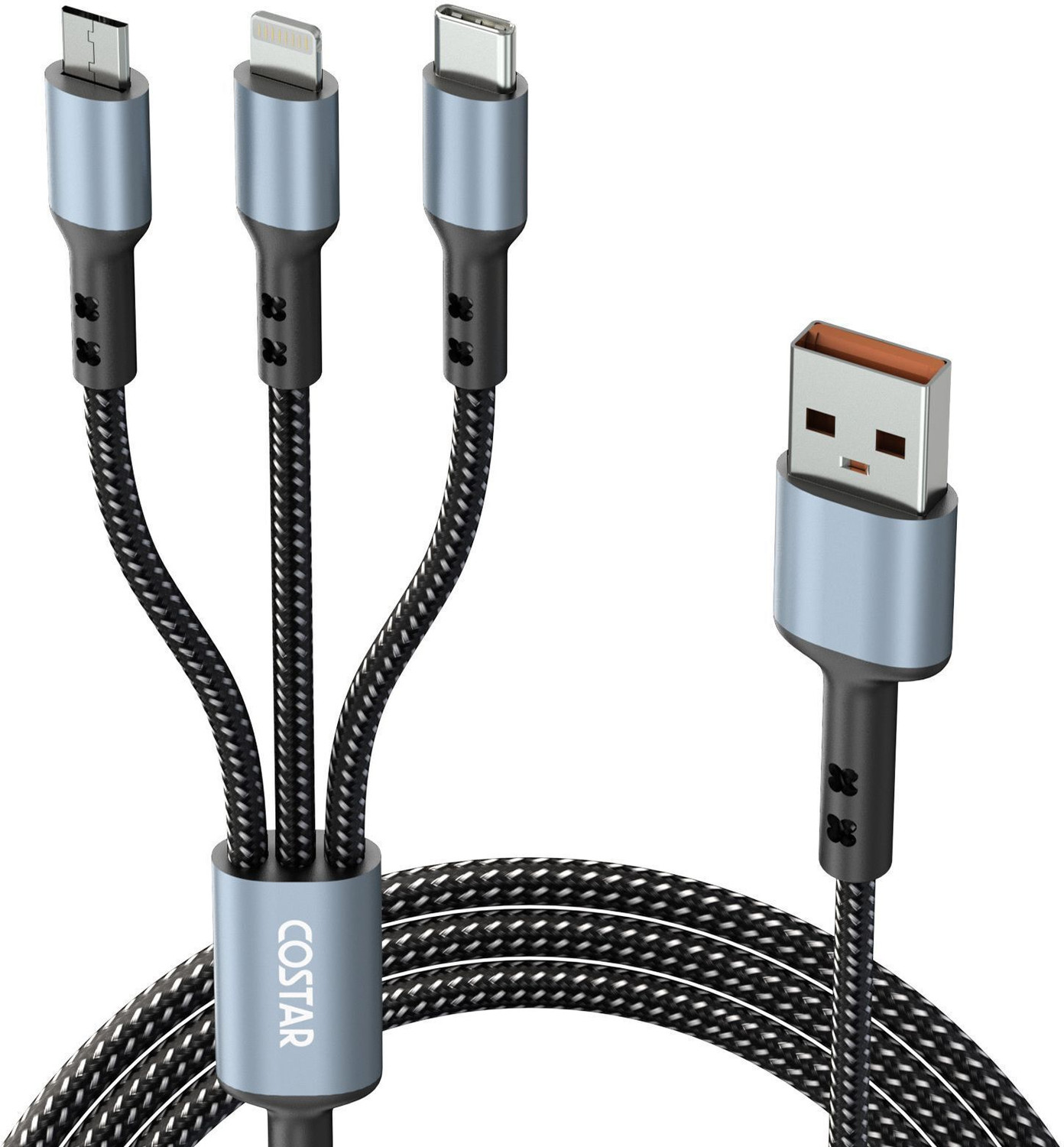 Image of Costar 3-in-1 Cable 3 A 1.5 m Nylon Braided 60W Multi Fast Charging Cable with Lightning, Type-C, Micro USB