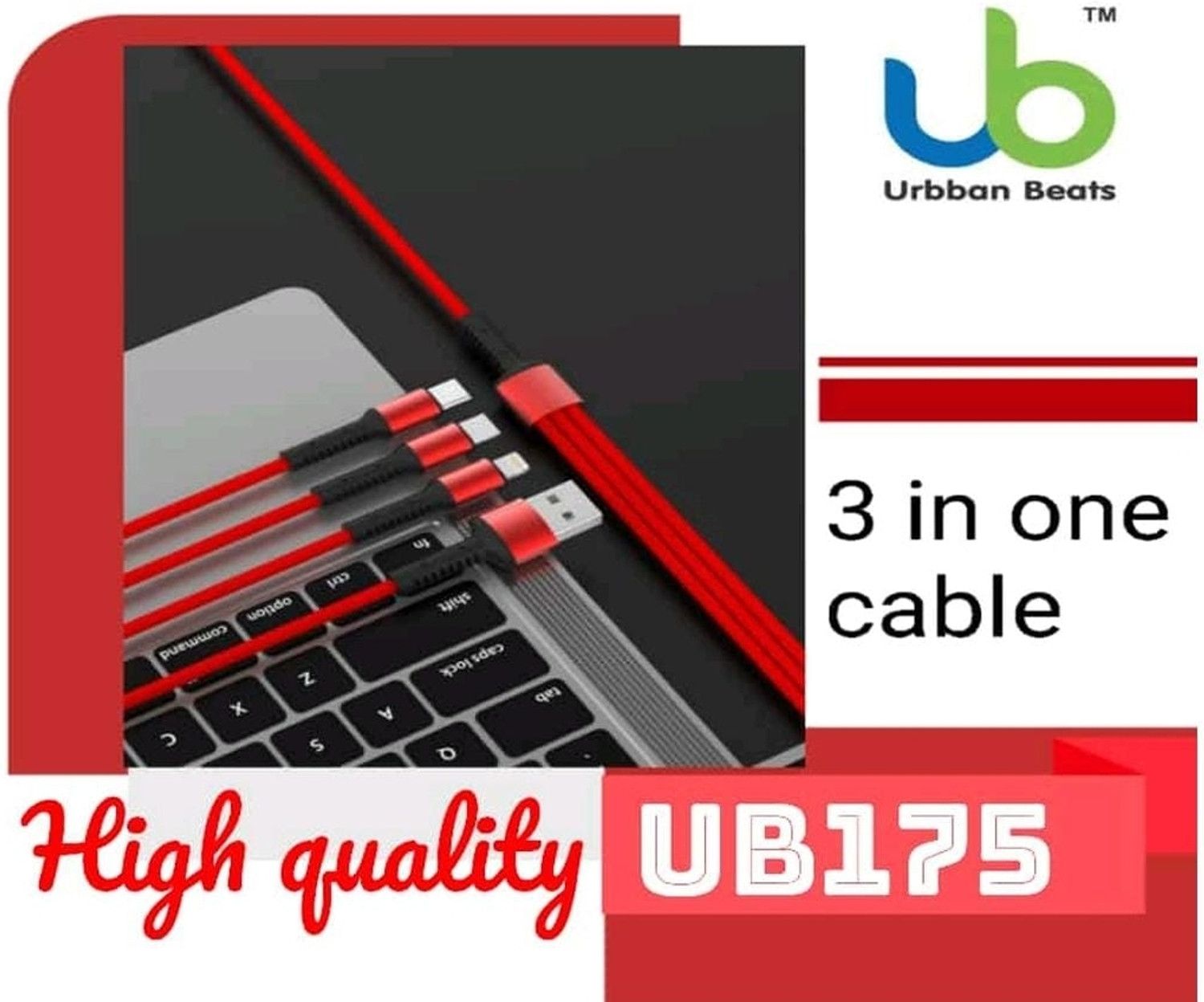Image of URBANBEATS 3-in-1 Cable 1.5 m Ub175 red 3 in one high quality data cable