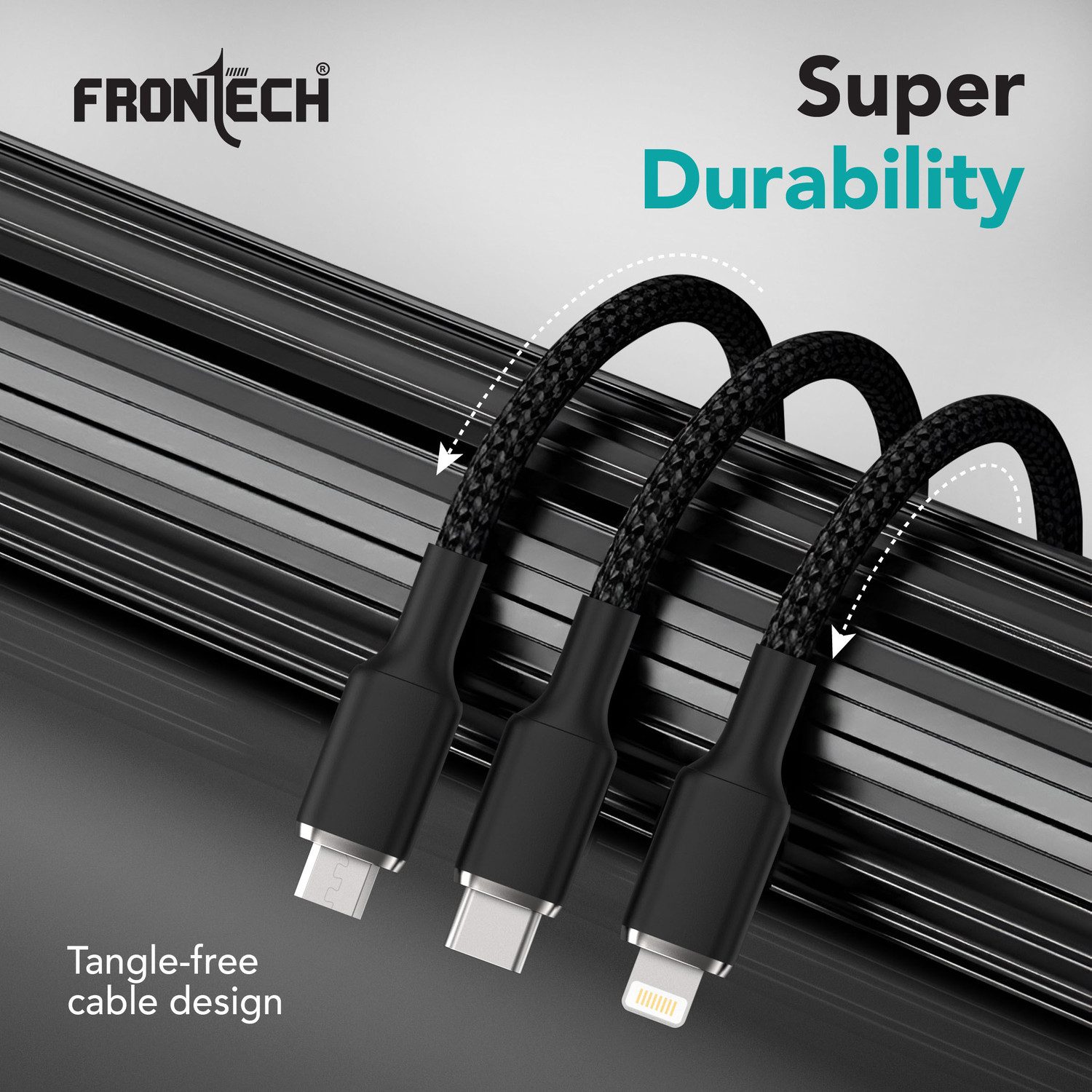 Image of Frontech 3-in-1 Cable 3 A 1.2 m - Super Fast USB Data Cable | Fast Charging & Data Transfer | Lightning + Type-C + Micro USB Port | Safe Smart Chip Protection (Compatible with Smartphones, Black, One Cable, NA)