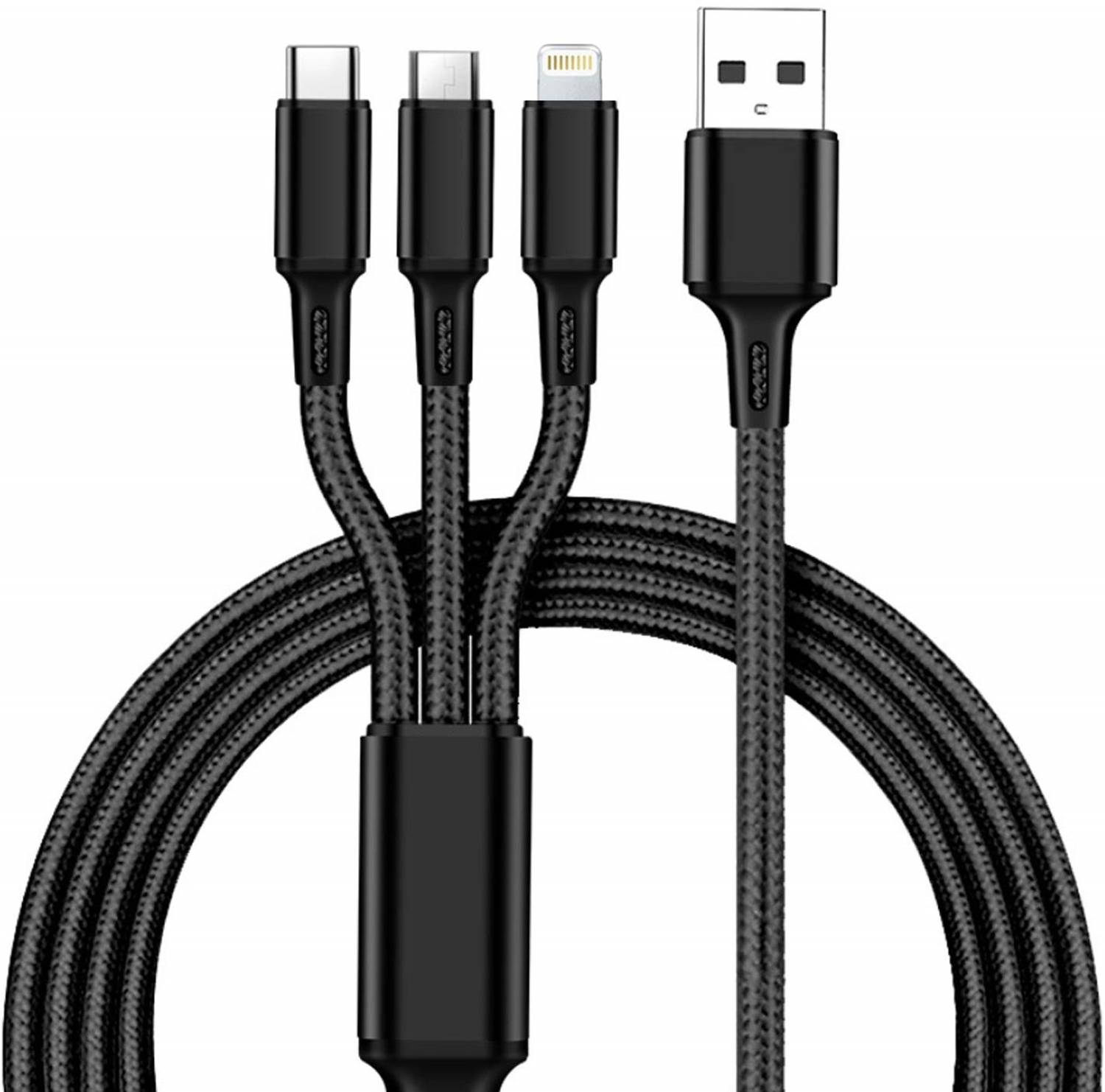 BASS BLING 3-in-1 Cable 1.2 m Nylon Braided 3 in 1 Charging Cable, Multifunctional Cable 1.2 Mtr Long, Multi charging cable for Micro usb, & Type C devices, 3 in1 Charging Cable (Black)