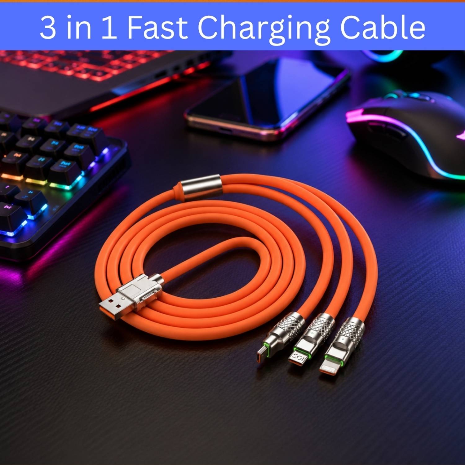 GUGGU 3-in-1 Cable 1 m 3-in-1 Fast Charging Cable USB-A to Type-C, Lightning for Mobile & TabletsBK263