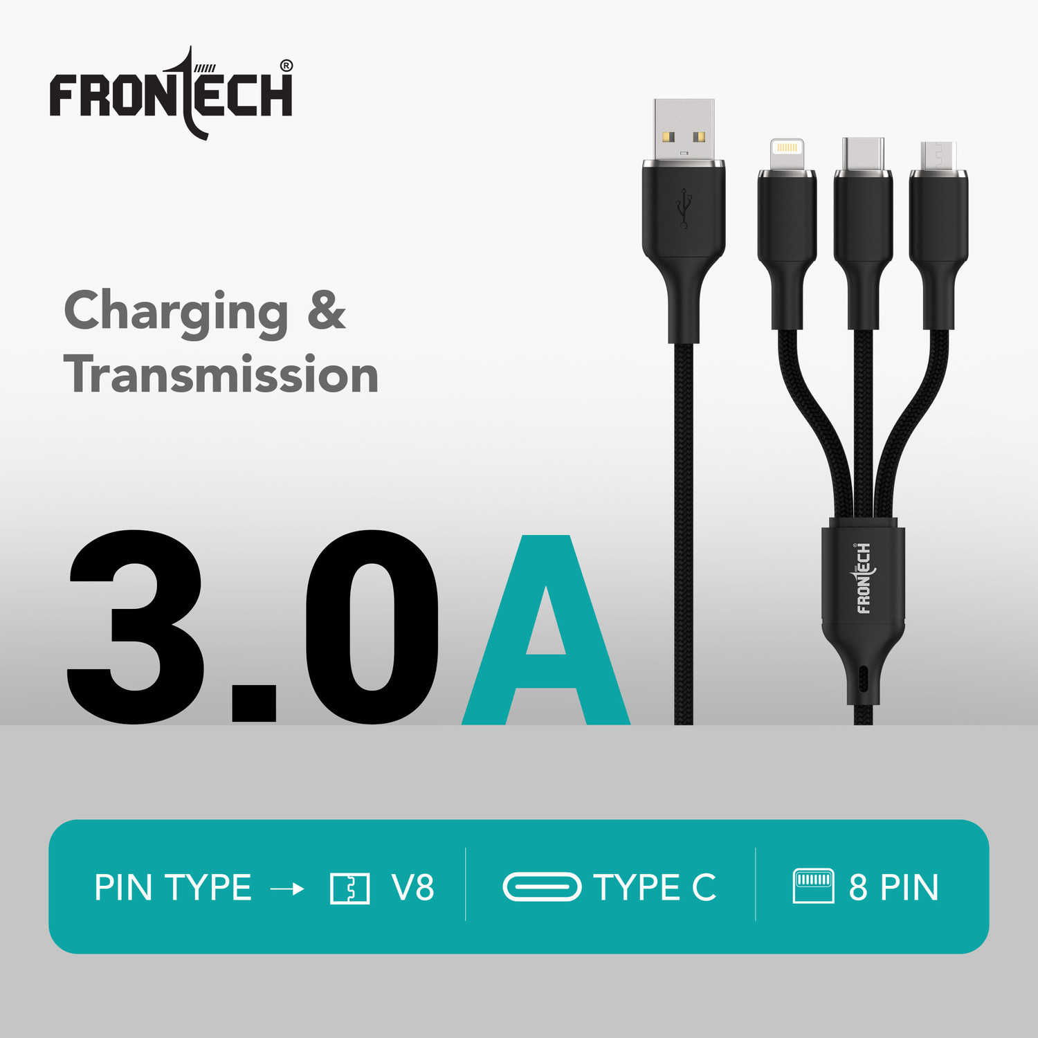 Image of Frontech 3-in-1 Cable 3 A 1.2 m - Super Fast USB Data Cable | Fast Charging & Data Transfer | Lightning + Type-C + Micro USB Port | Safe Smart Chip Protection (Compatible with Smartphones, Black, One Cable, NA)
