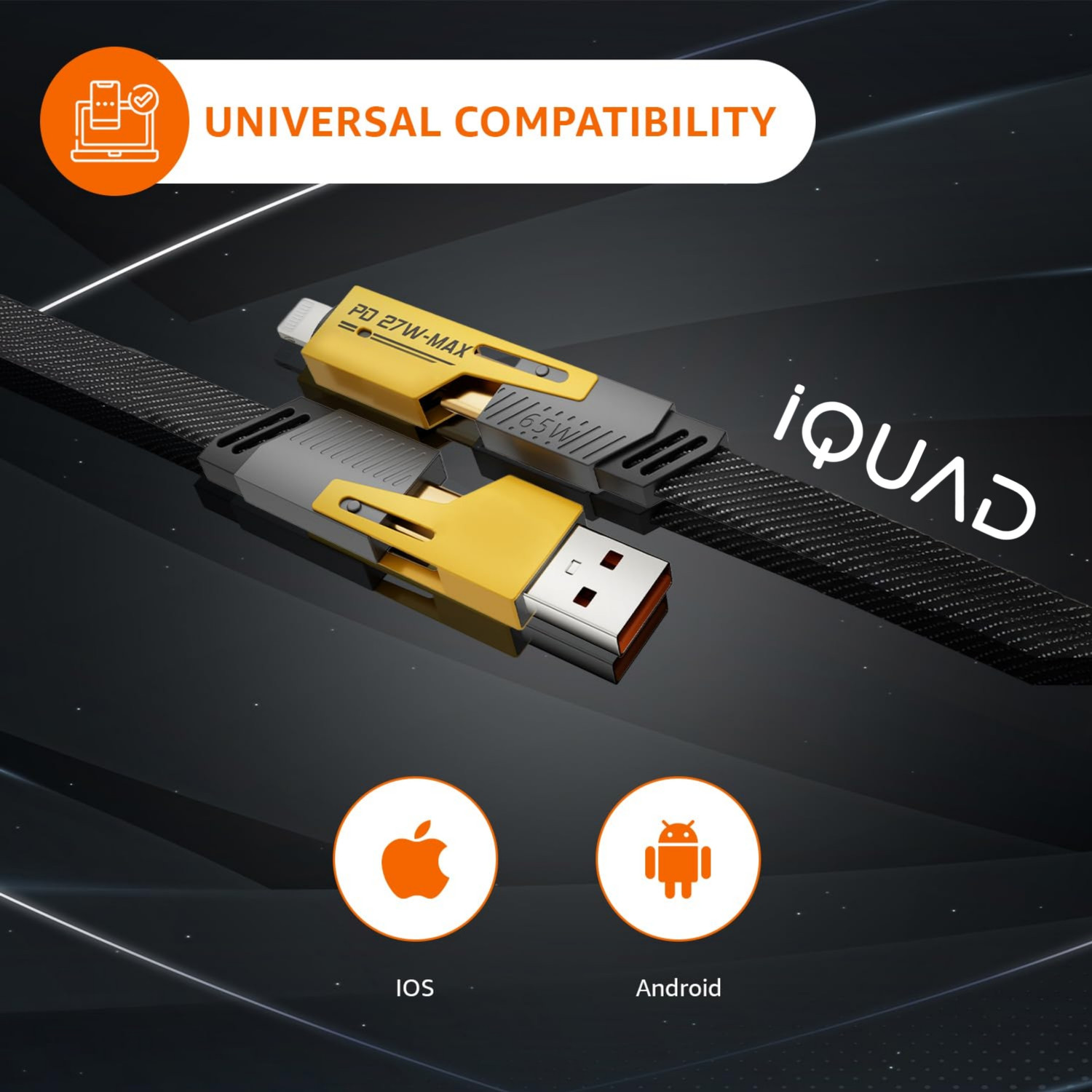 Image of iQUAD 4-in-1 Cable 1 m 65W USB-C to USB-C, USB-A to USB-C, USB-C to Lightning, USB-A to Lightning | PD 27W Max Fast Charging for iPhone iPad MacBook Laptop Power Bank