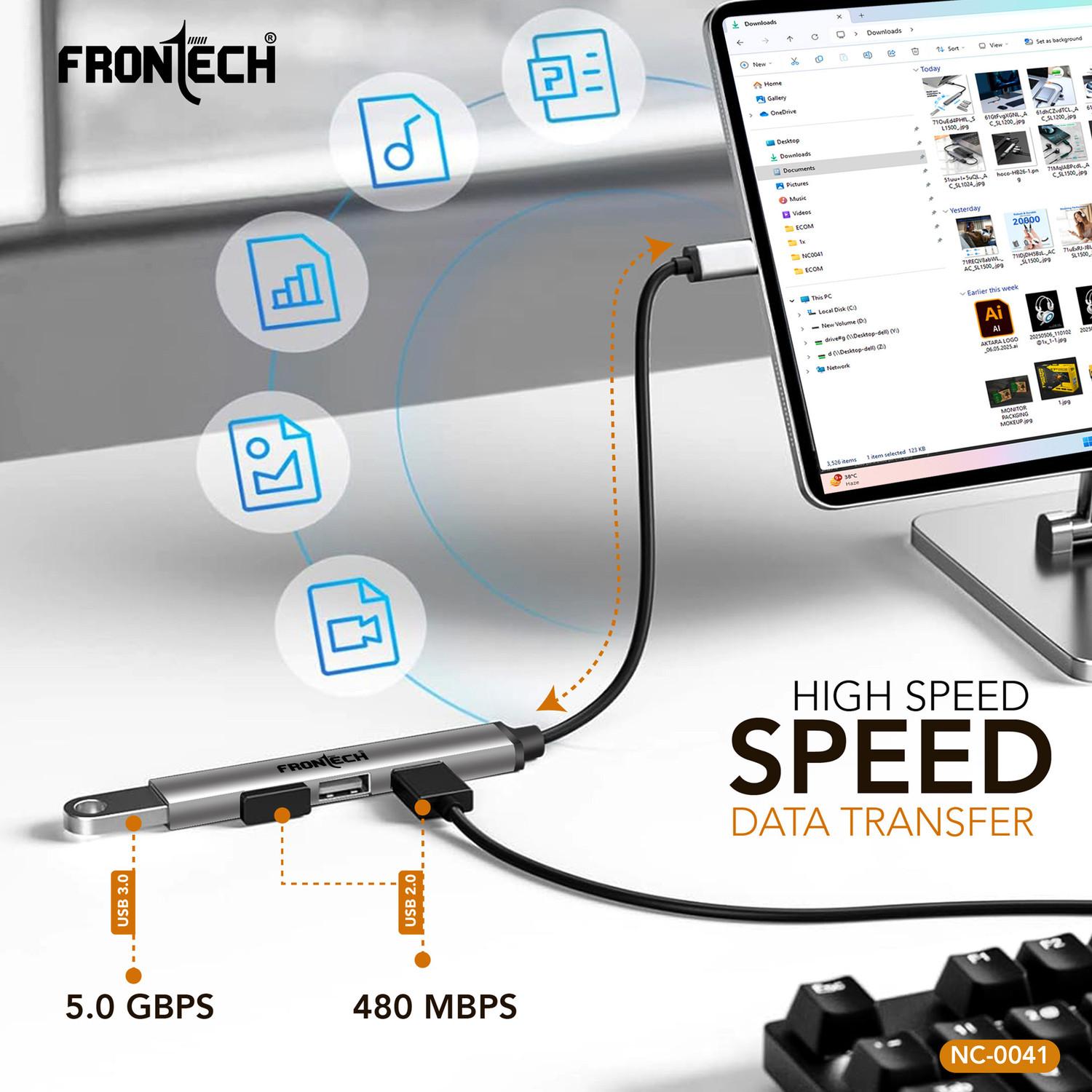 Image of Frontech 4 in 1 Slim Multiport HUB Dock | 1xUSB 3.0 /3xUSB 2.0 | Compact Metal Design | NC 0041 USB Hub