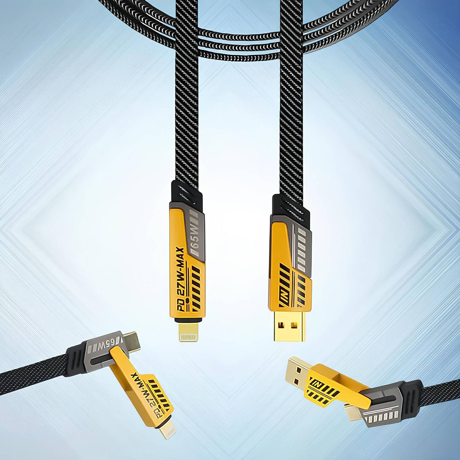 CABTRONICS 4-in-1 Cable 8 A 1 m original 4 in 1 Type C 1 m Convertible Metal Fast Data Cable Braided Cable 65W USB C USB A Multiple Charging Cable (Compatible with iPhone, Android phones, Smartphone, Black, One Cable)
