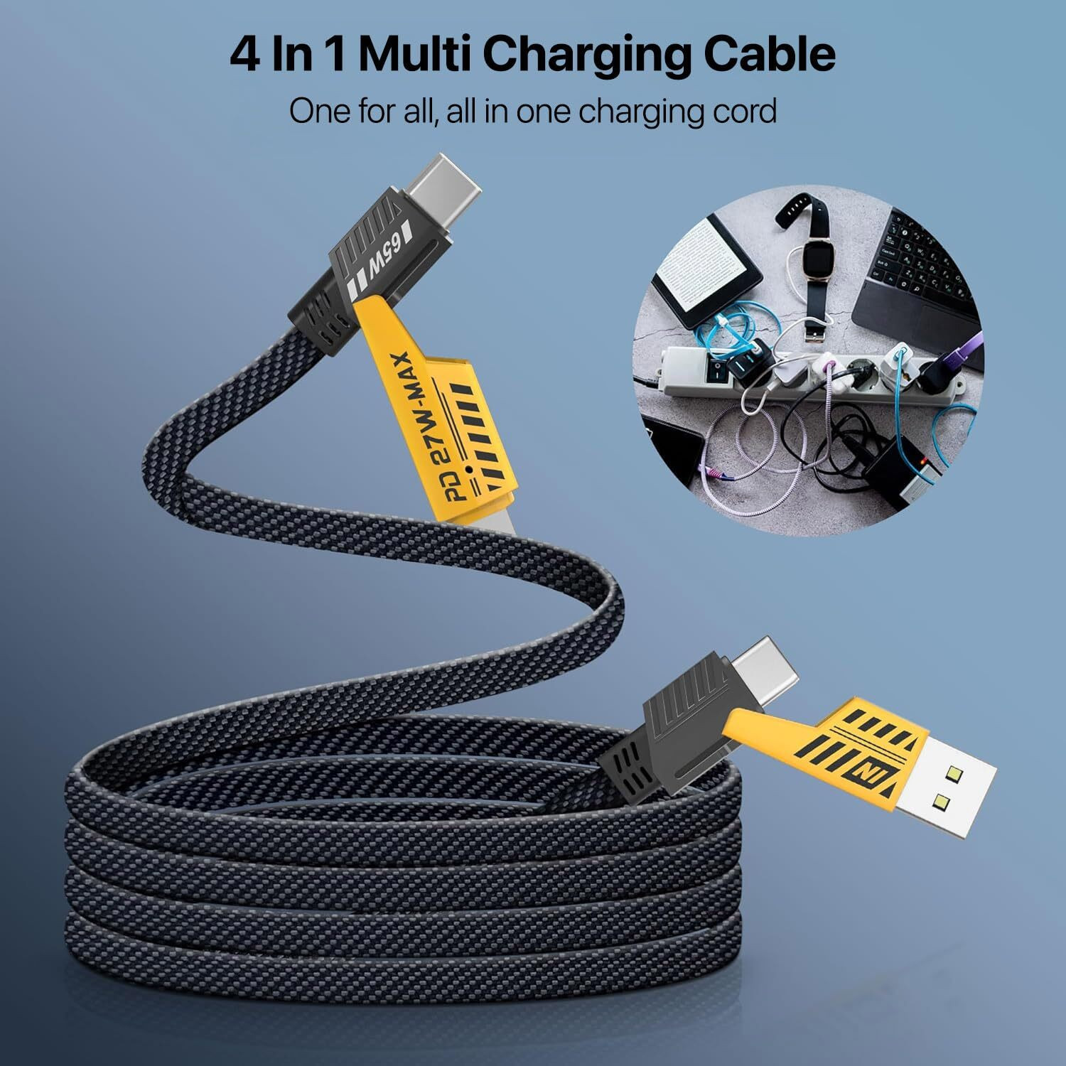 Image of DR VAKU 4-in-1 Cable 1 m Nylon Braided Multi-Function 65W Fast Charging Cable, Dual Type-C & USB-A